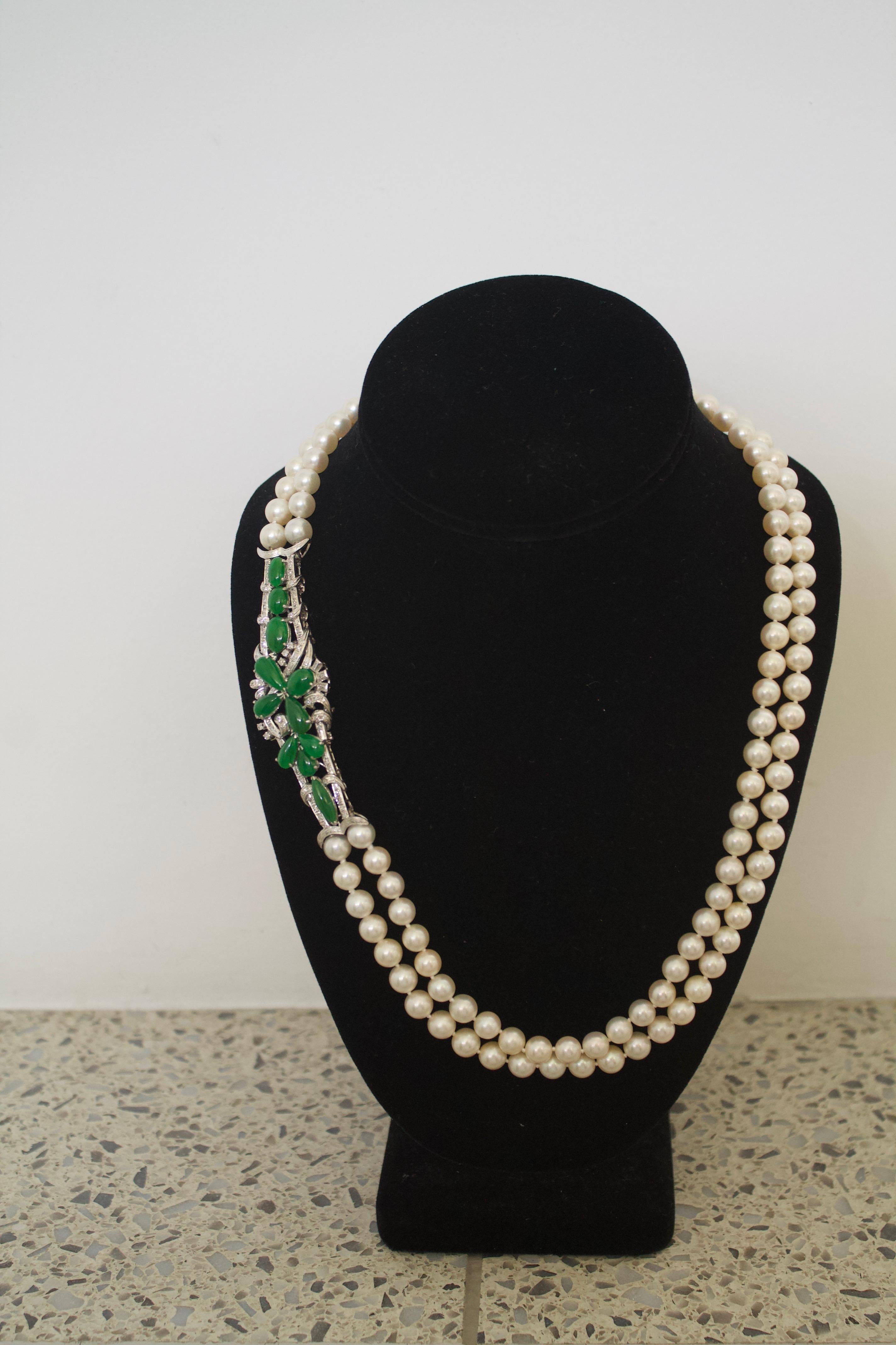 Round Cut Jade Diamond and Pearl Strand Necklace Circa 1950's For Sale