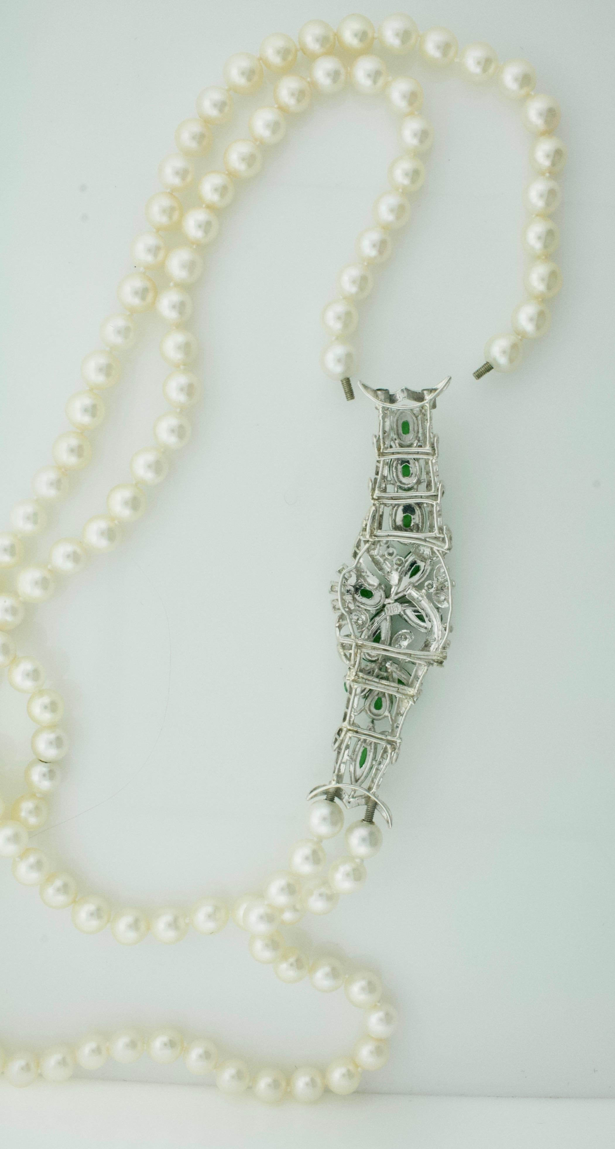 Jade Diamond and Pearl Strand Necklace Circa 1950's For Sale 1