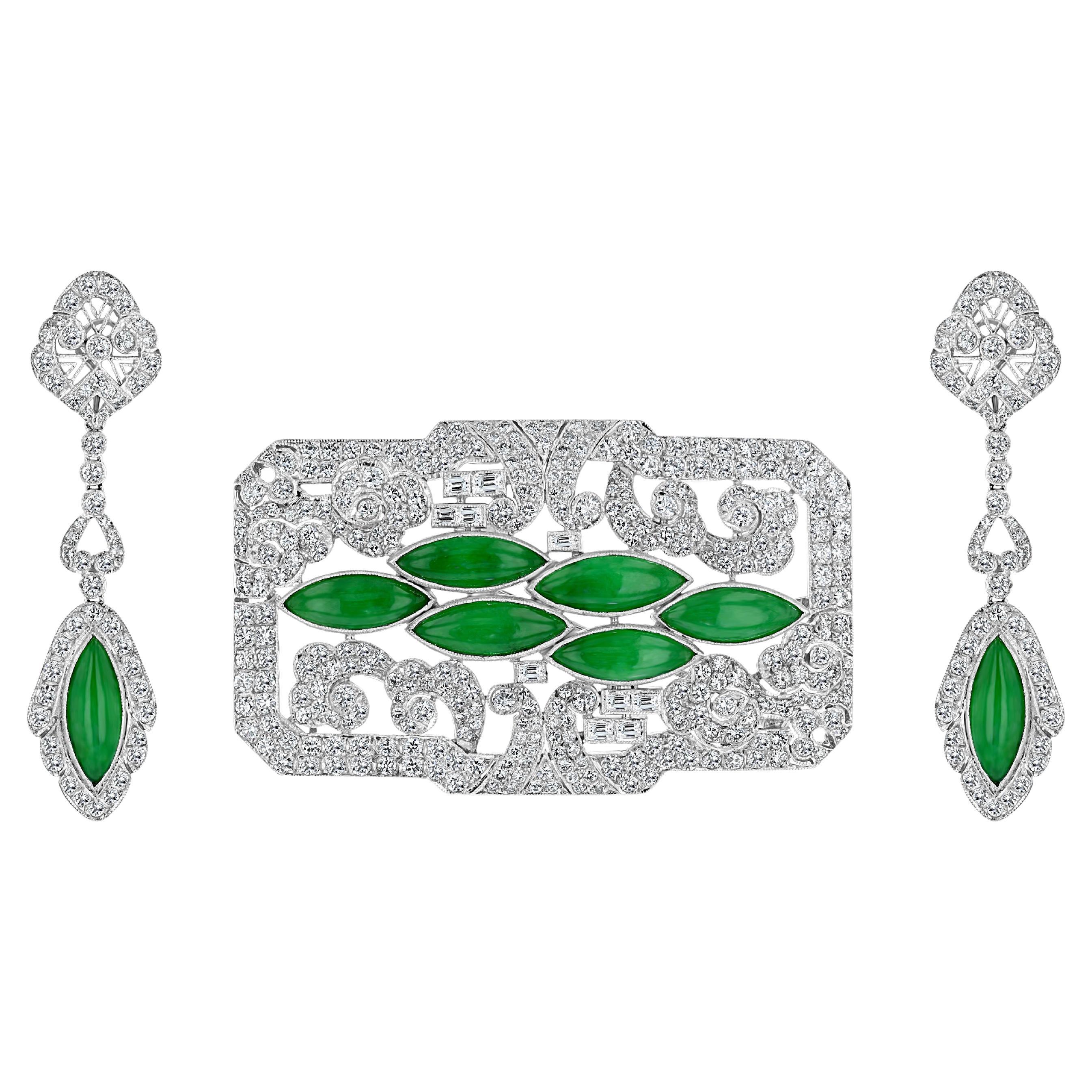Jade & Diamond Brooch and Earring Set For Sale