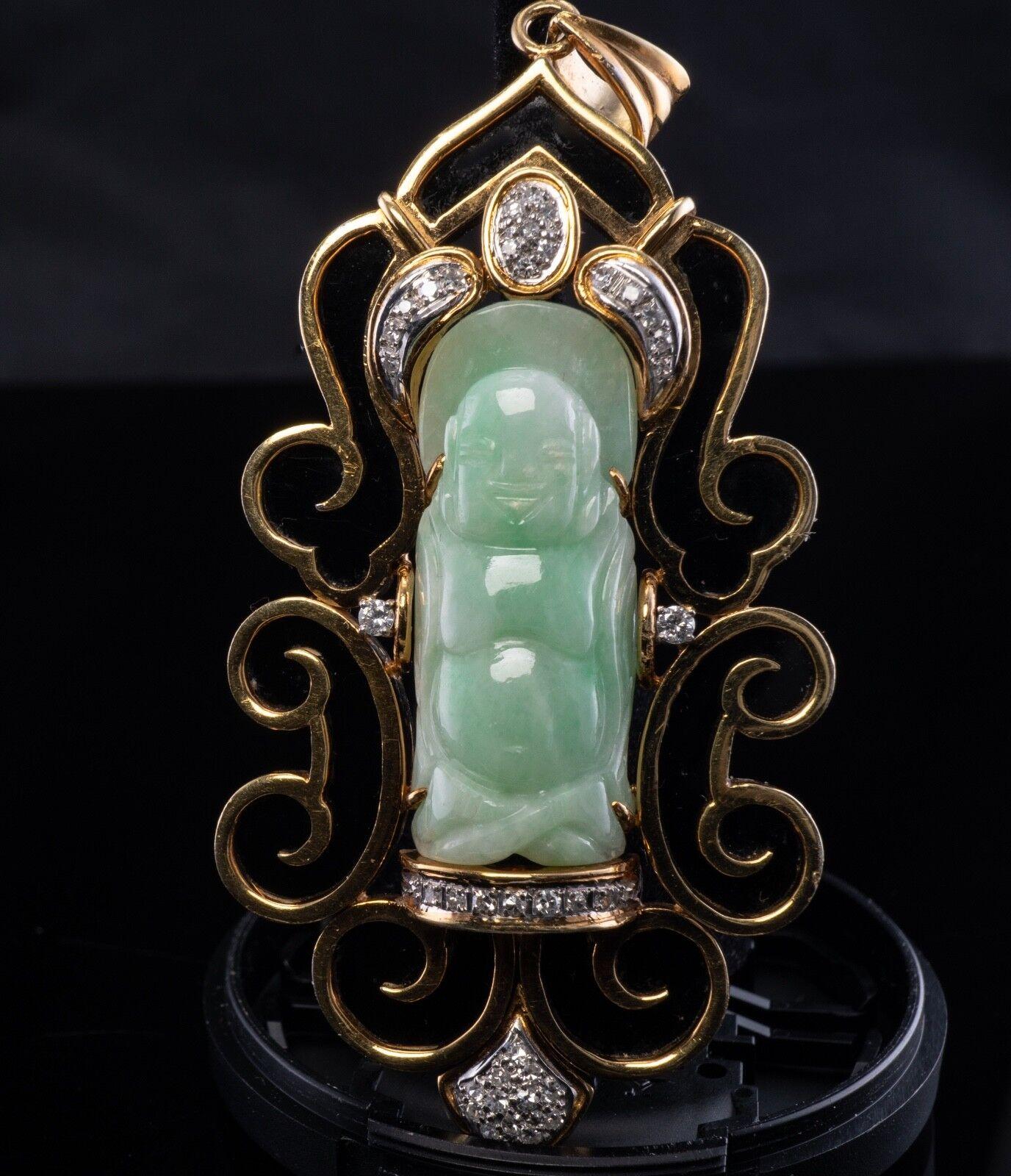 Cabochon Jade Diamond Buddha Pendant 14K Gold Vintage For Sale