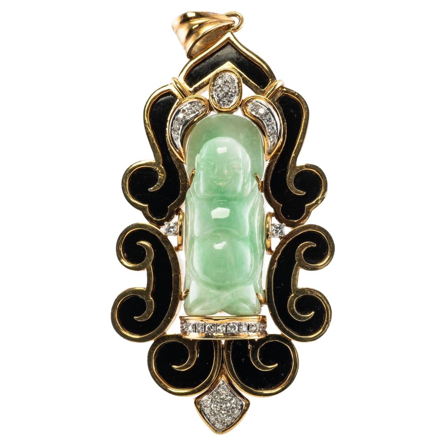 Pendentif Bouddha en jade et diamant, or 14K, vintage