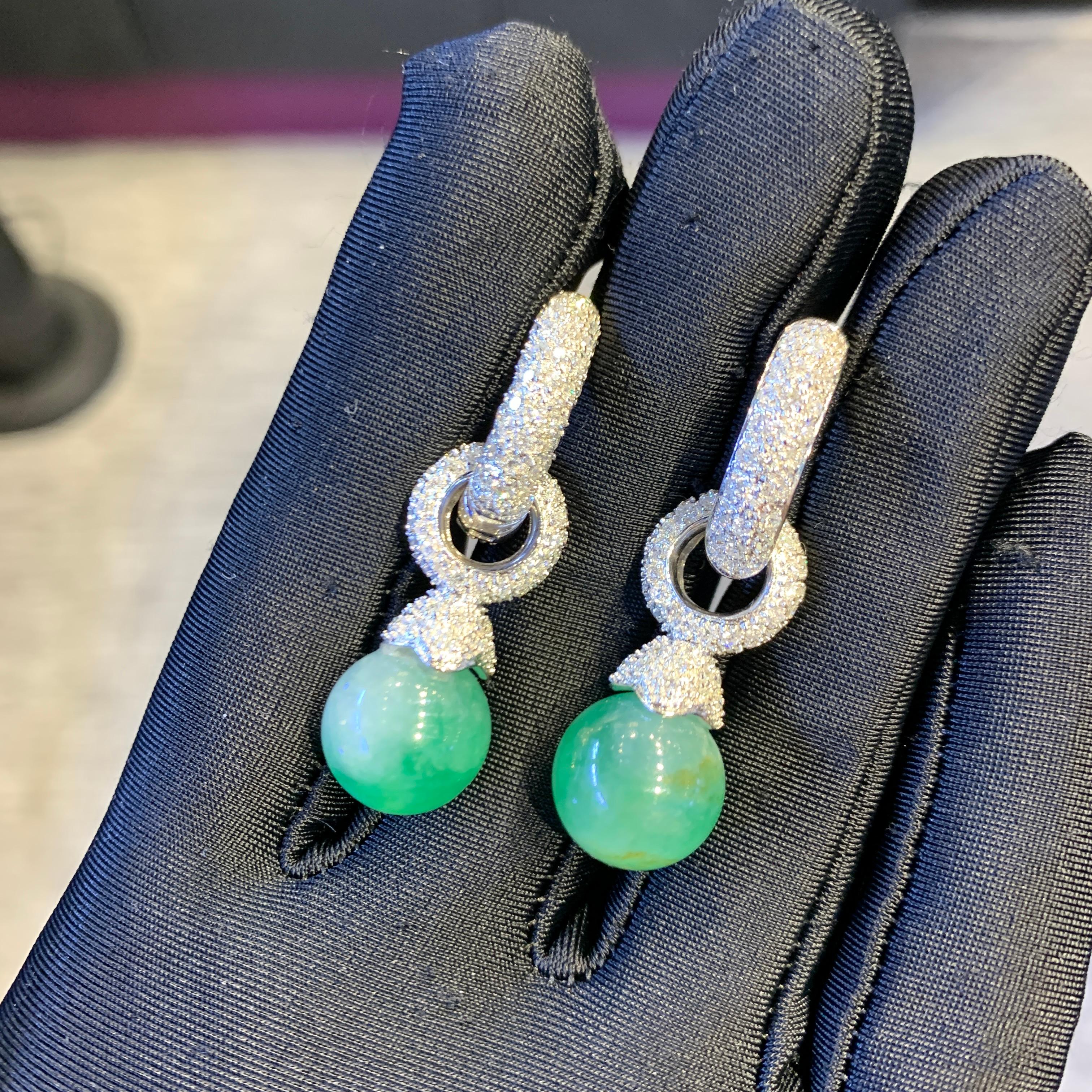 Round Cut Jade & Diamond Day & Night Earrings  For Sale