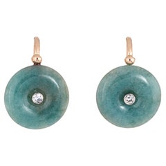 Jade Diamond Disc Earrings Vintage 18 Karat Gold Round Drop Estate Jewelry