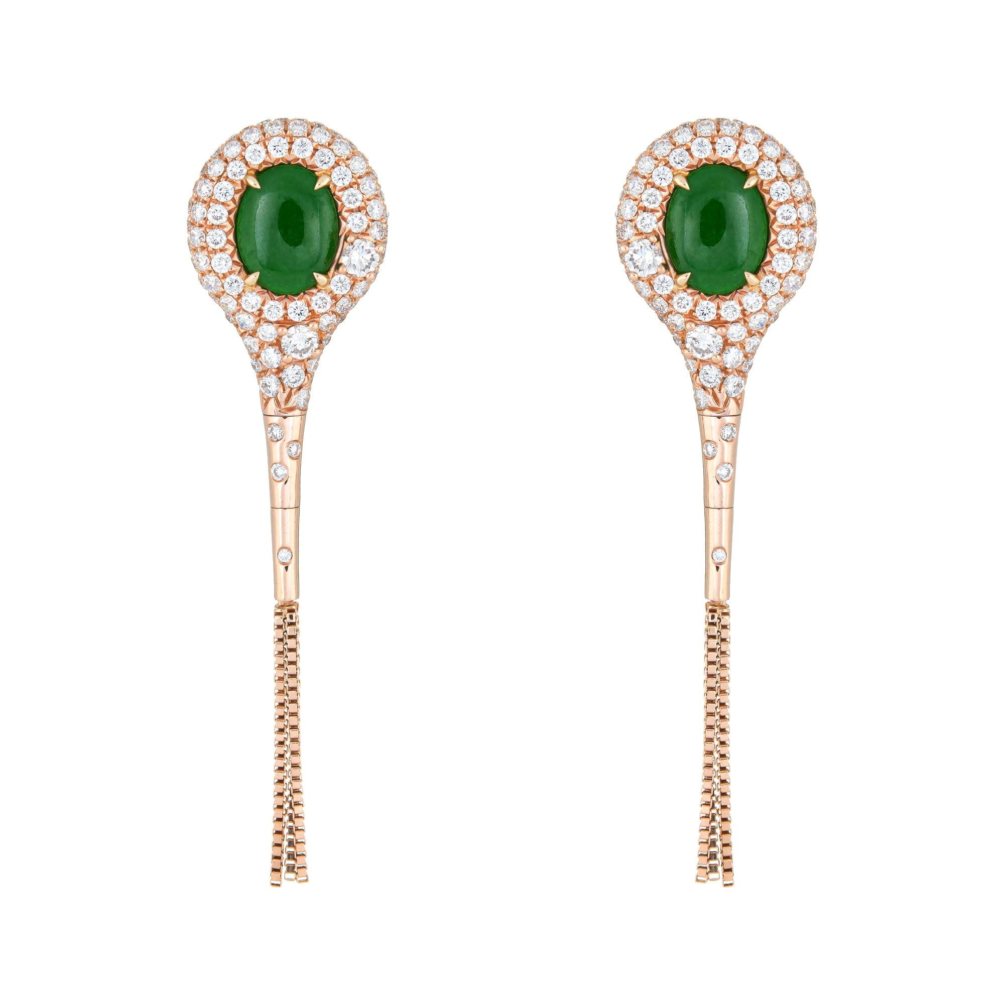 Jade Diamond Earrings 1.36 Carat Estate 18K Gold Oval Drops Fine Jewelry Fringe