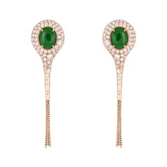 Jade Diamond Earrings 1.36 Carat Estate 18K Gold Oval Drops Fine Jewelry Fringe