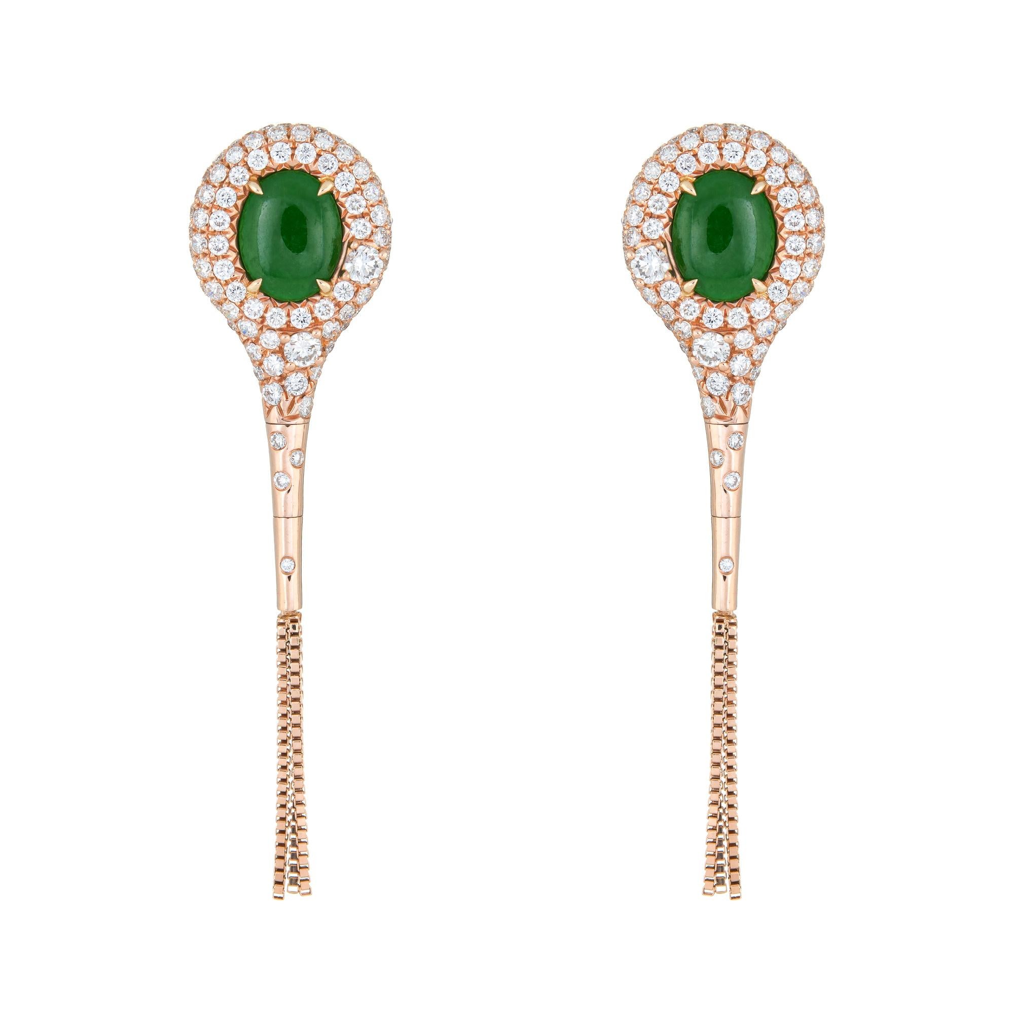 Oval Cut Jade Diamond Earrings 1.36 Carat Estate 18K Gold Oval Drops Fine Jewelry Fringe