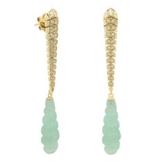 Boucles d'oreilles Jade diamant 18 Karat 2.5' Long Dangle Earring Jade naturel sculpté