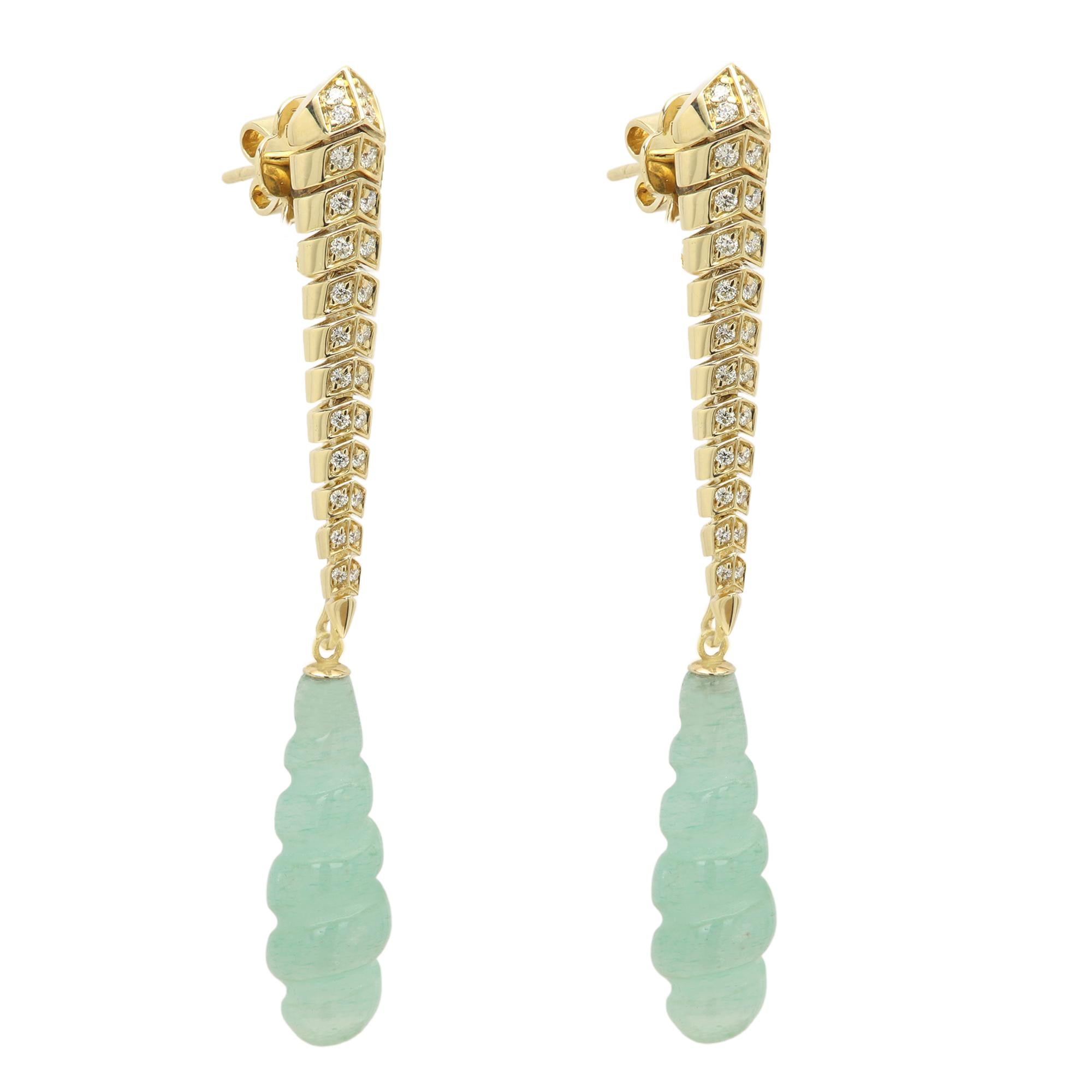 Boucles d'oreilles Jade diamant 18 Karat 2.5' Long Dangle Earring Jade naturel sculpté Pour femmes en vente