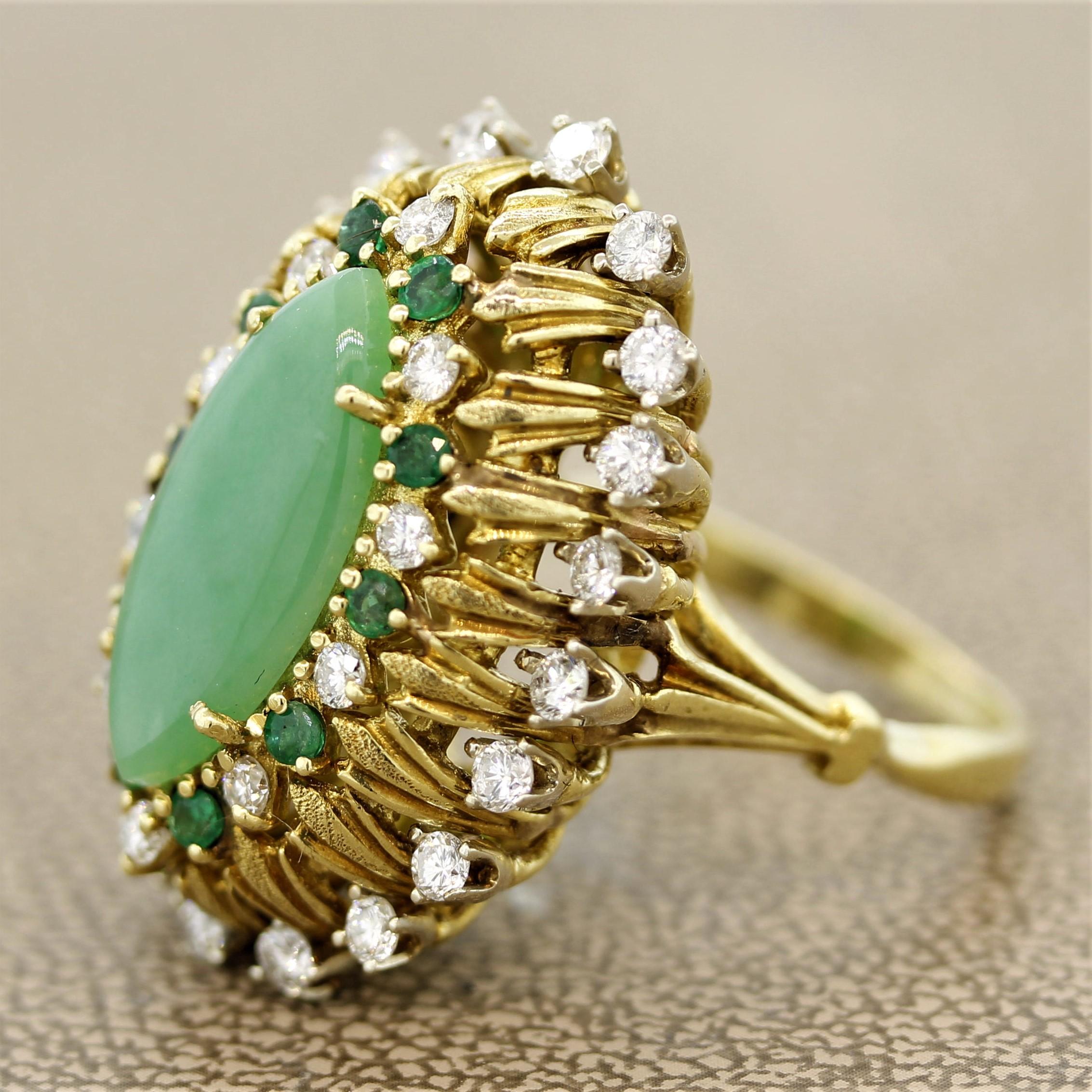 Mixed Cut Jade Diamond Emerald Gold Cocktail Navette Ring For Sale