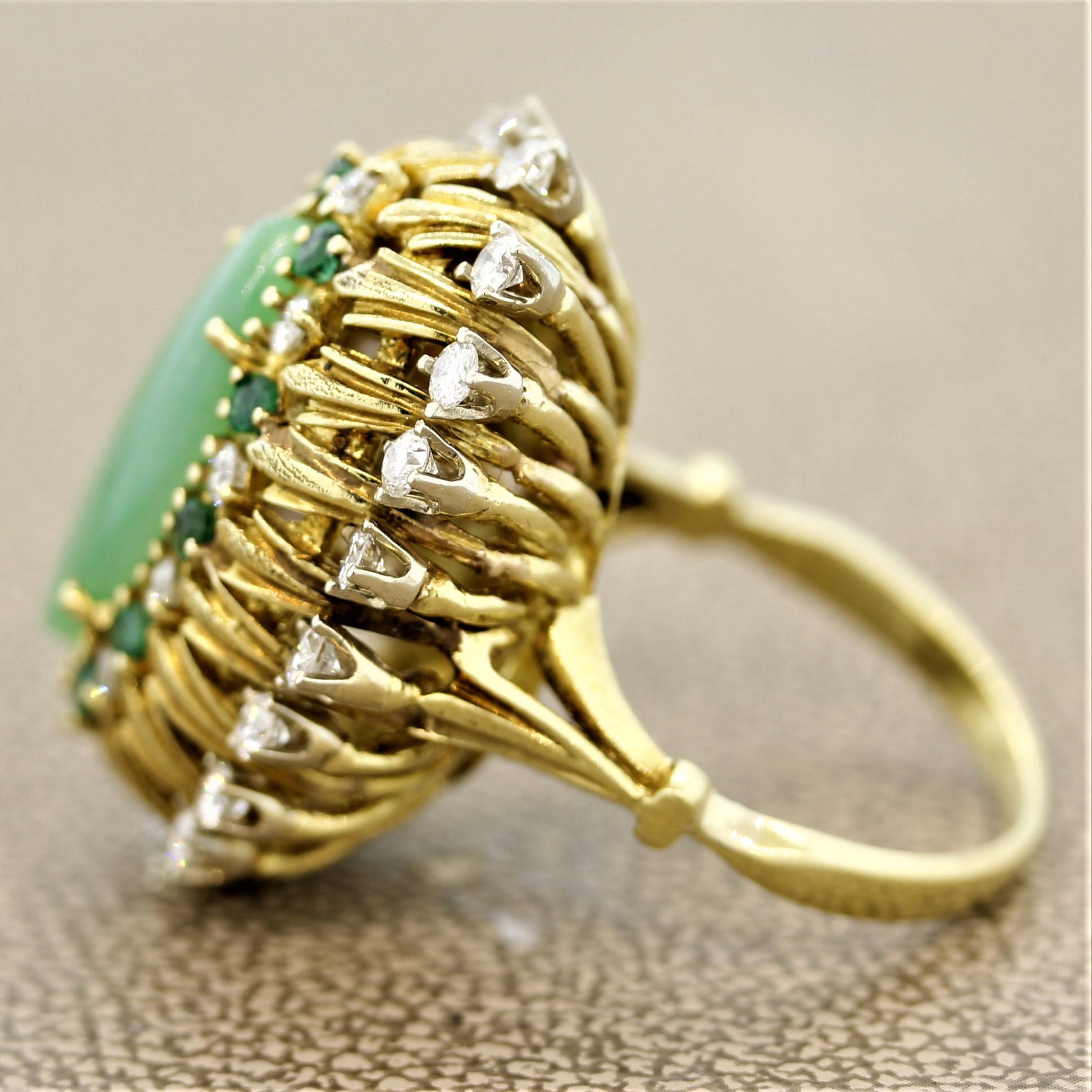 Jade Diamond Emerald Gold Cocktail Navette Ring In New Condition For Sale In Beverly Hills, CA
