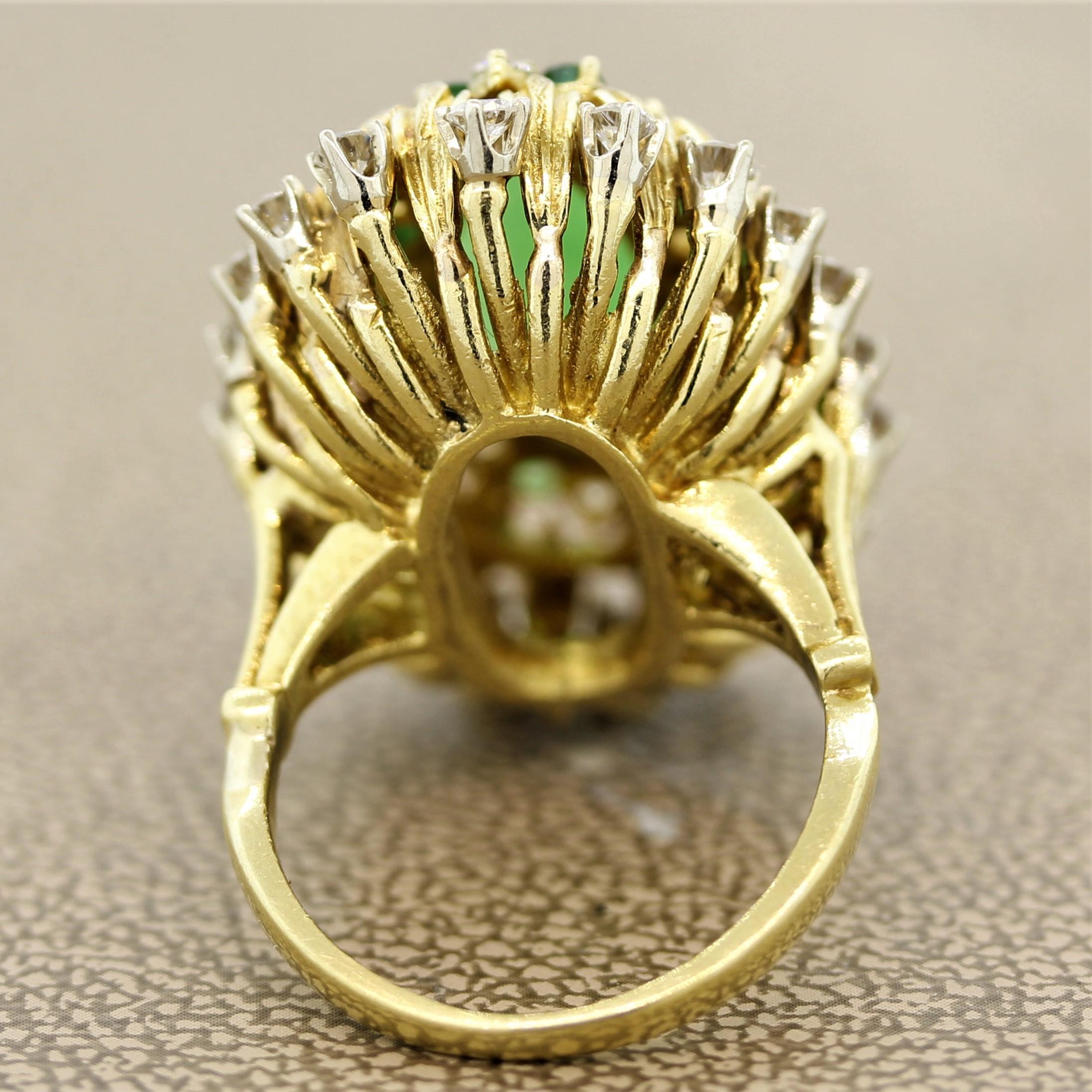 Women's Jade Diamond Emerald Gold Cocktail Navette Ring For Sale