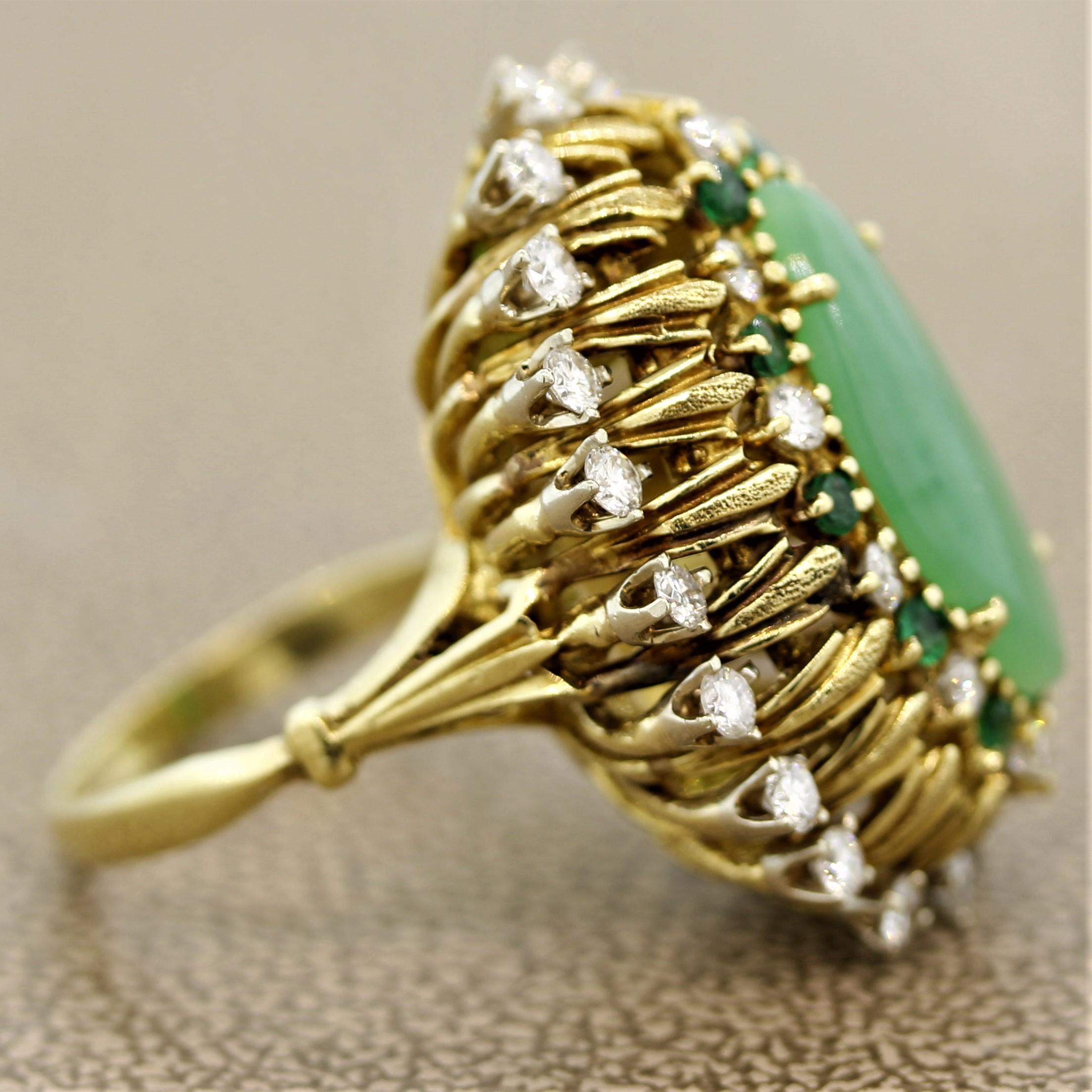 Jade Diamond Emerald Gold Cocktail Navette Ring For Sale 1
