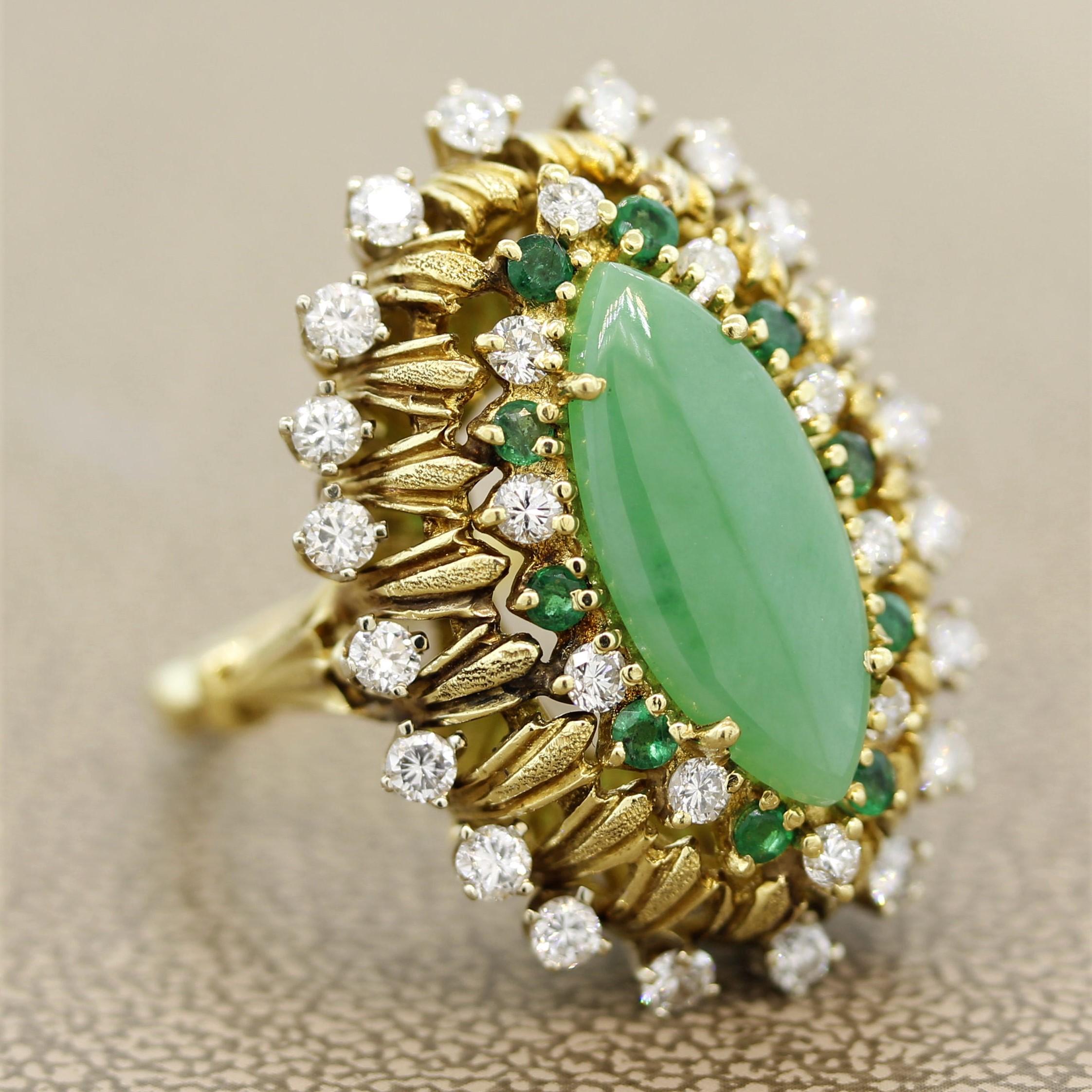 Jade Diamond Emerald Gold Cocktail Navette Ring For Sale 2