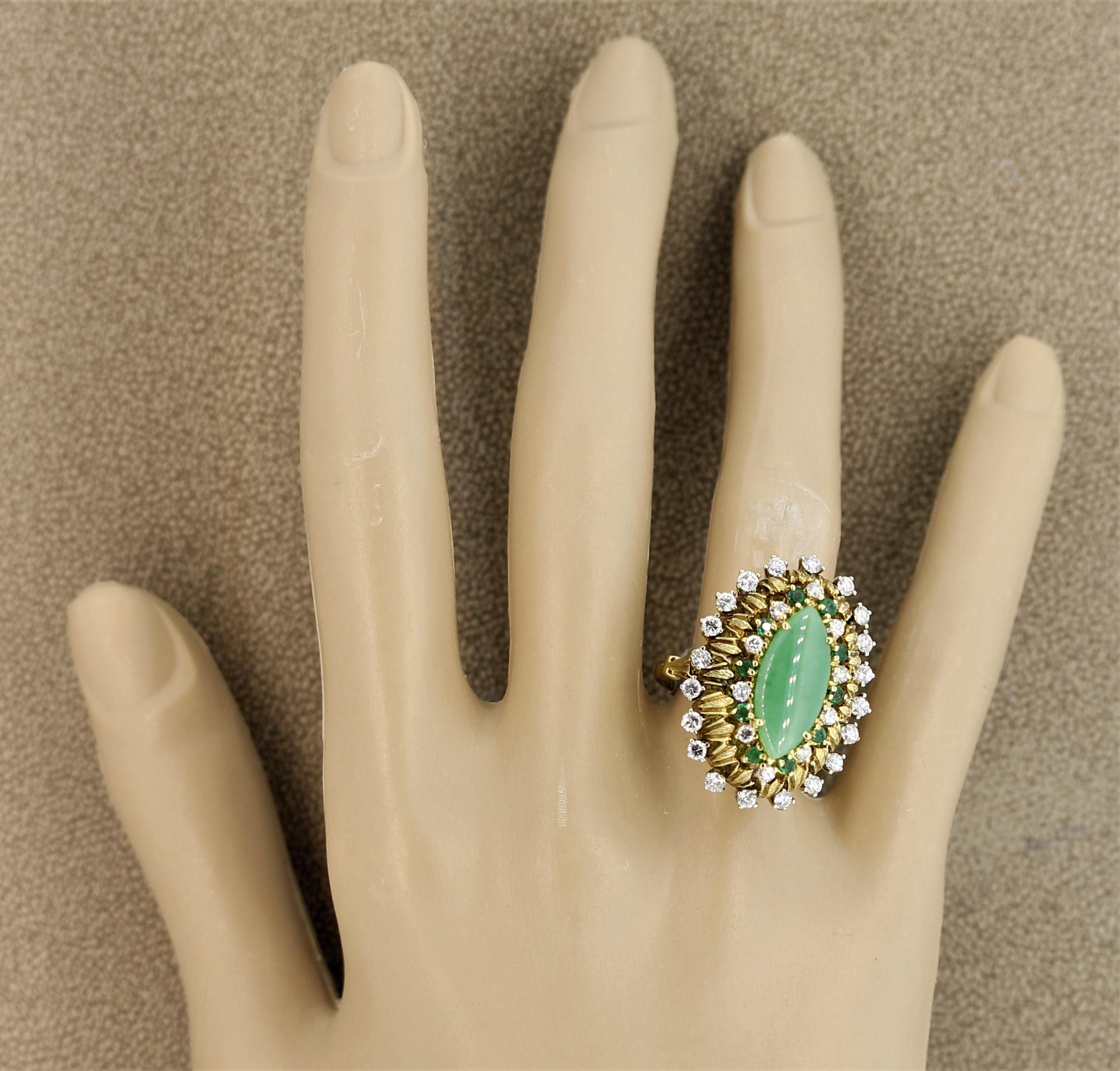 Jade Diamond Emerald Gold Cocktail Navette Ring For Sale 3