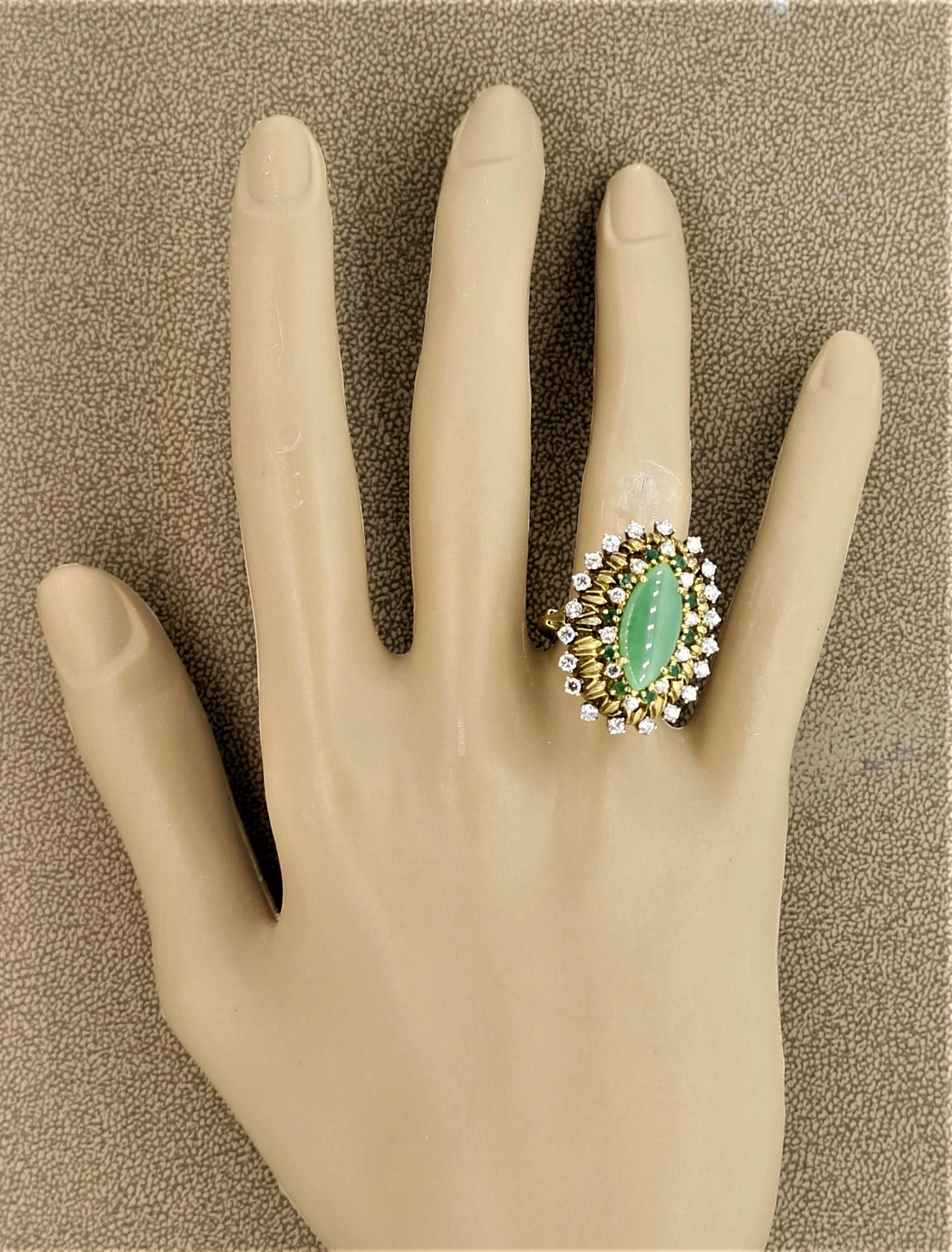 Jade Diamond Emerald Gold Cocktail Navette Ring For Sale 4