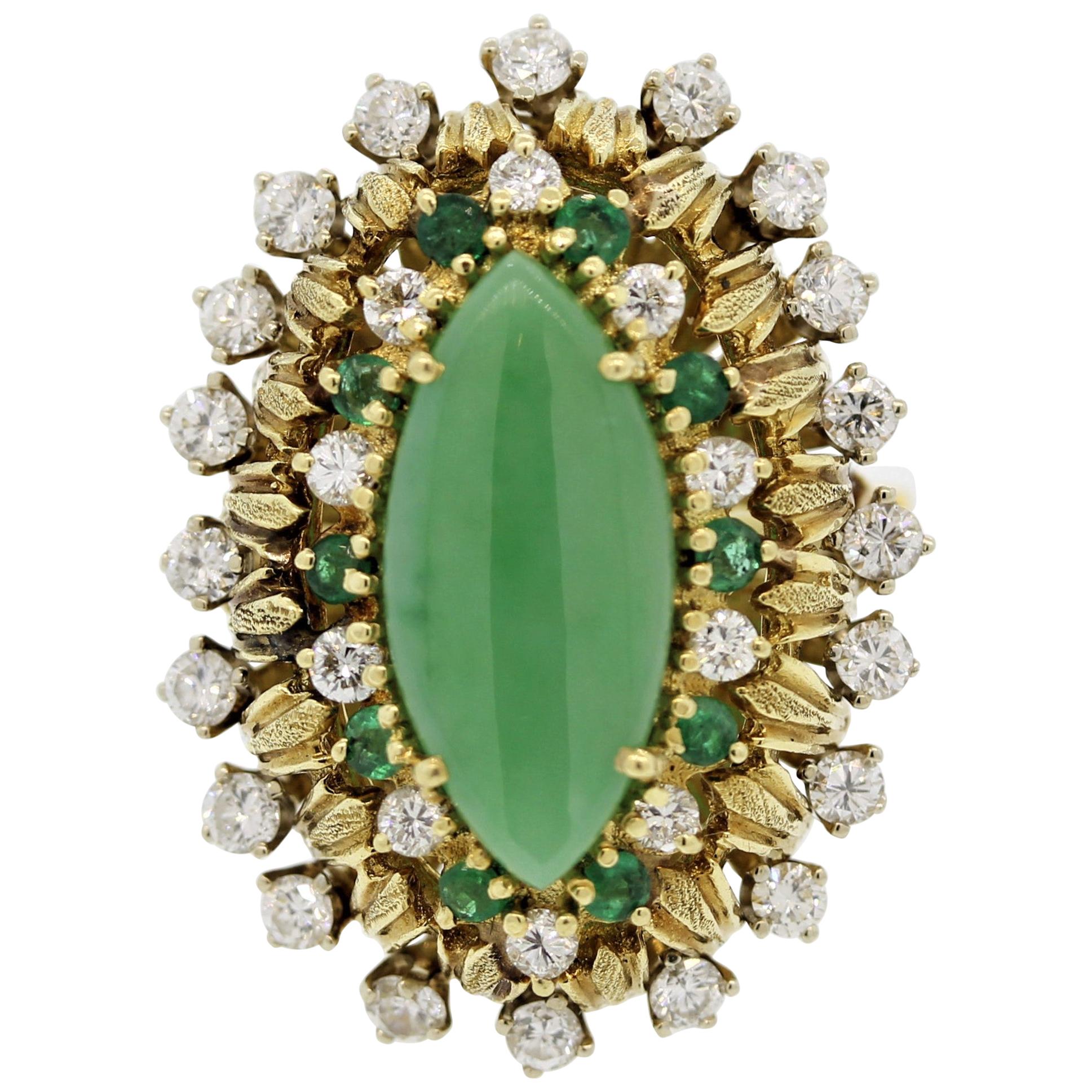 Jade Diamond Emerald Gold Cocktail Navette Ring For Sale