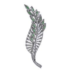 Jade Diamond Gold Leaf Motif Brooch Pin
