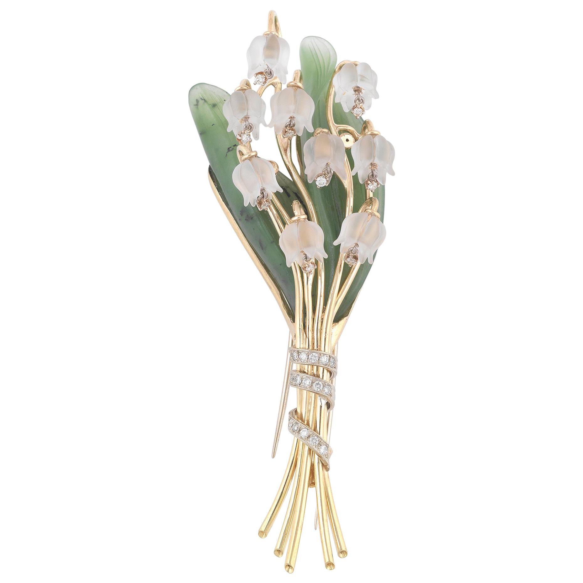 Jade Diamond Gold Lily of the Valley Brooch