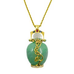Jade, Diamond, Multi-colored Gemstones, Glass, & 18K Gold Perfume Bottle Pendant