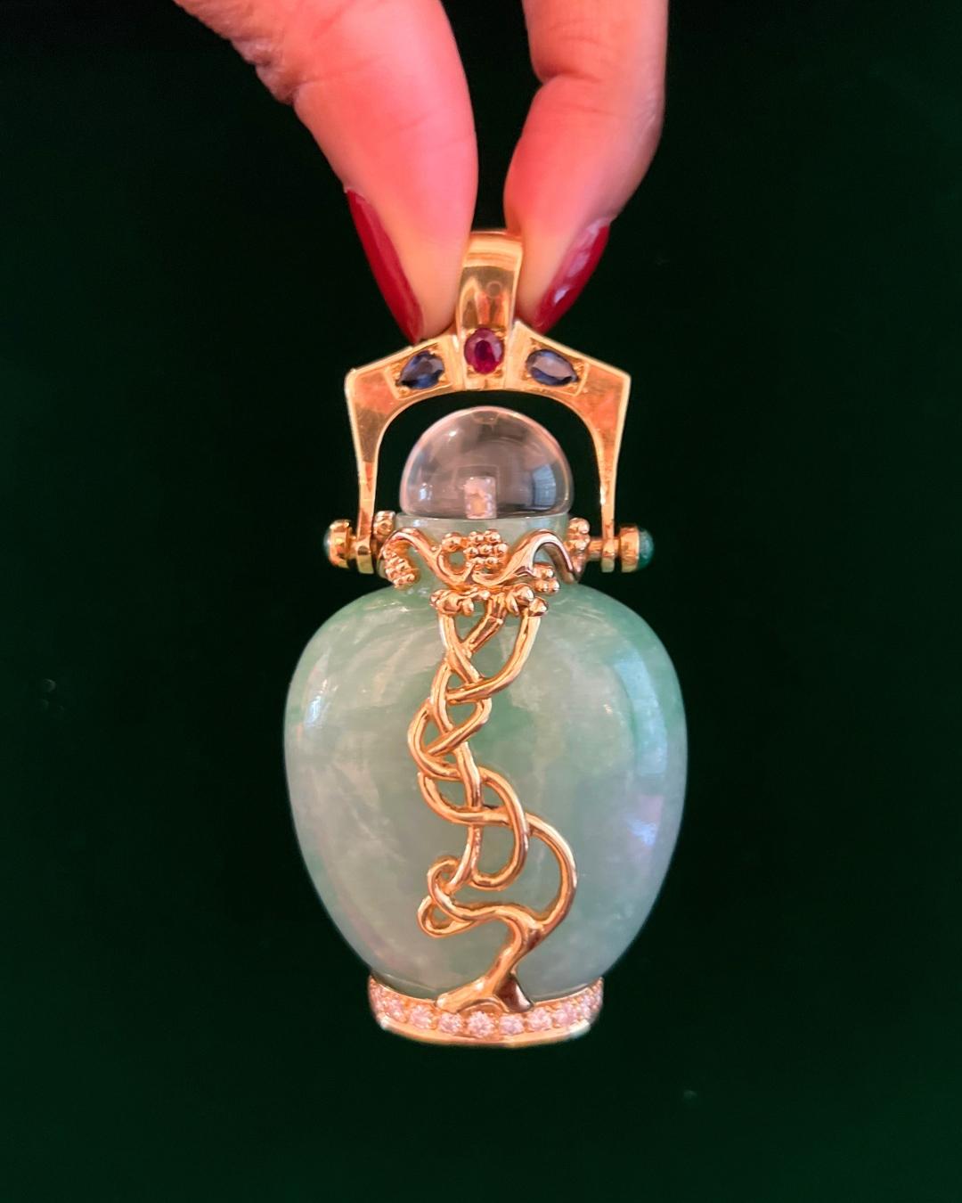 Round Cut Jade, Diamond, Multi-colored Gemstones, Glass, & 18K Gold Perfume Bottle Pendant For Sale