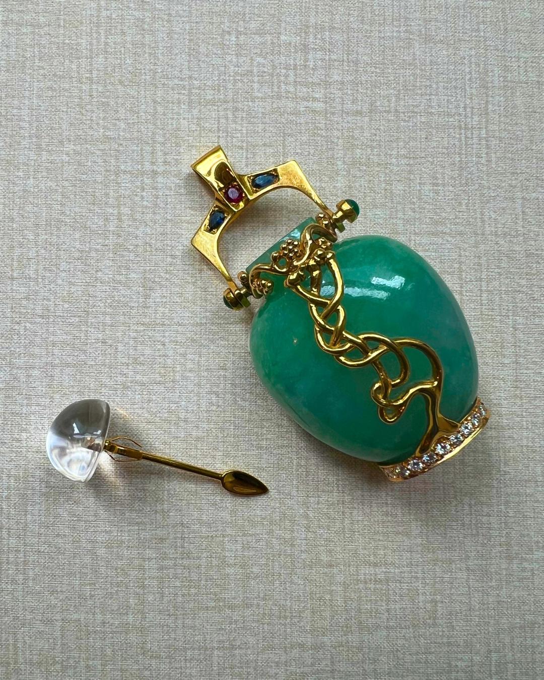 Women's or Men's Jade, Diamond, Multi-colored Gemstones, Glass, & 18K Gold Perfume Bottle Pendant For Sale