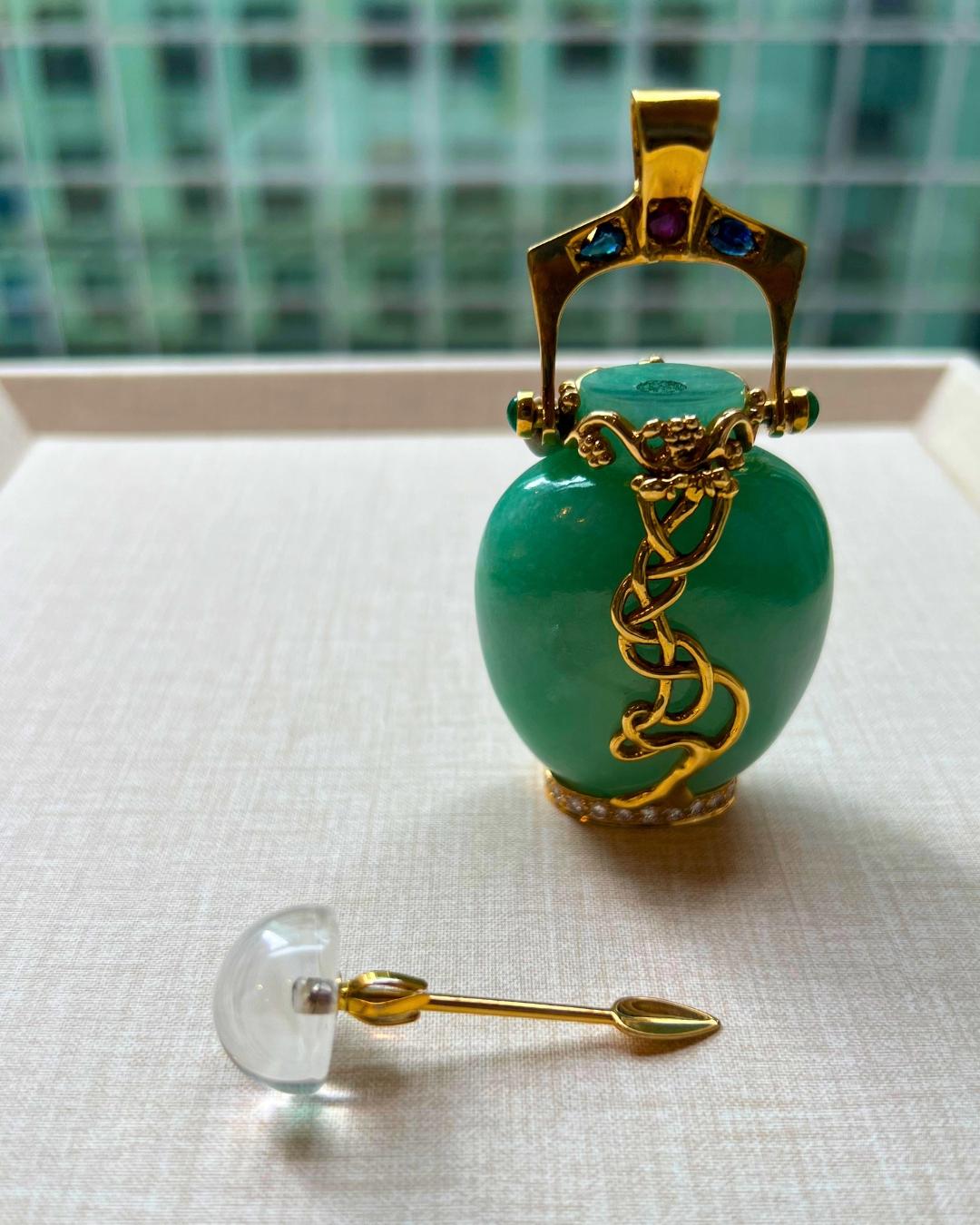 Jade, Diamond, Multi-colored Gemstones, Glass, & 18K Gold Perfume Bottle Pendant For Sale 2