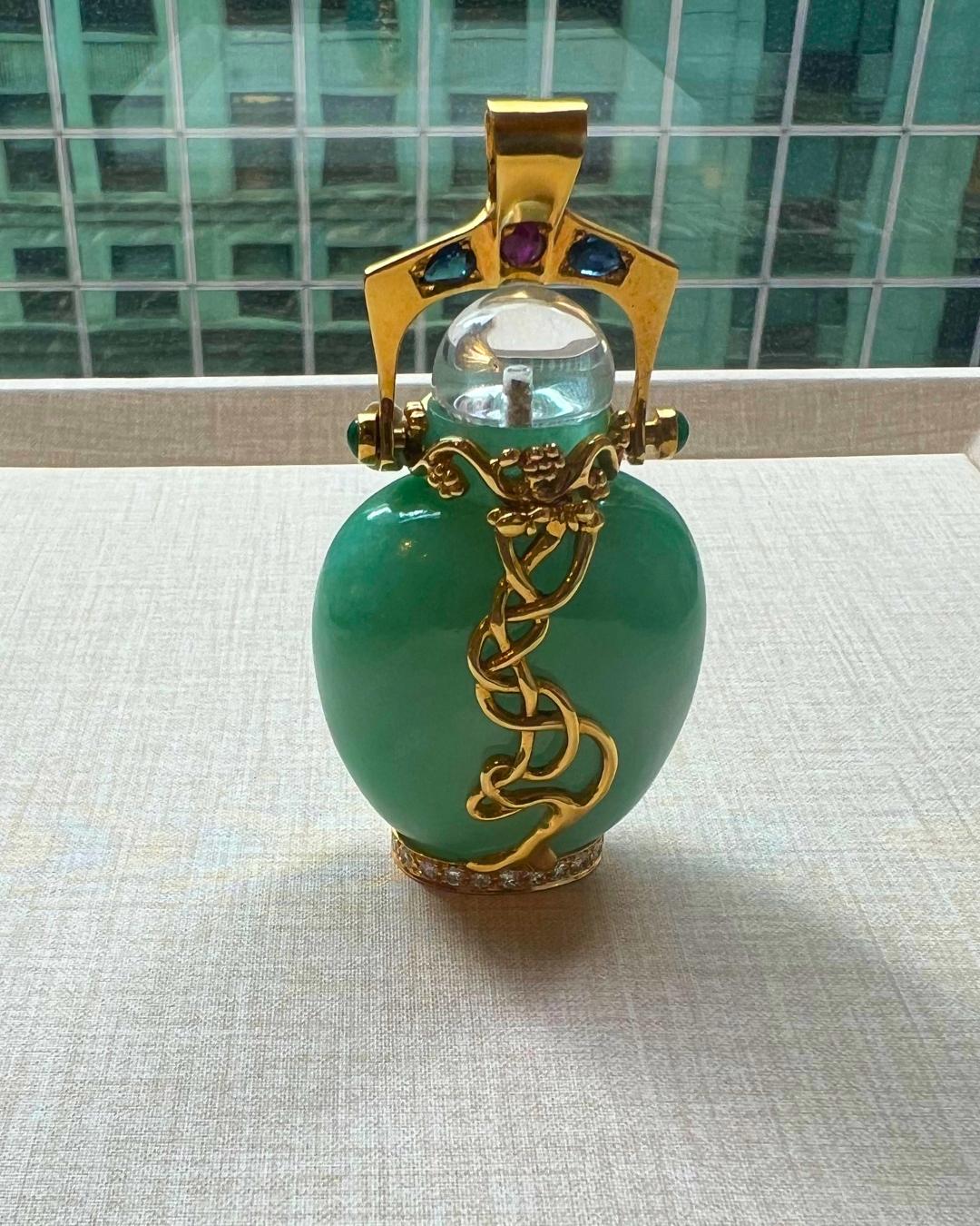 Jade, Diamond, Multi-colored Gemstones, Glass, & 18K Gold Perfume Bottle Pendant For Sale 3