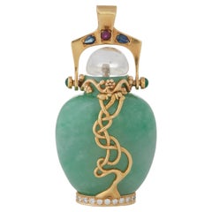 Jade, Diamond, Multi-colored Gemstones, Glass, & 18K Gold Perfume Bottle Pendant