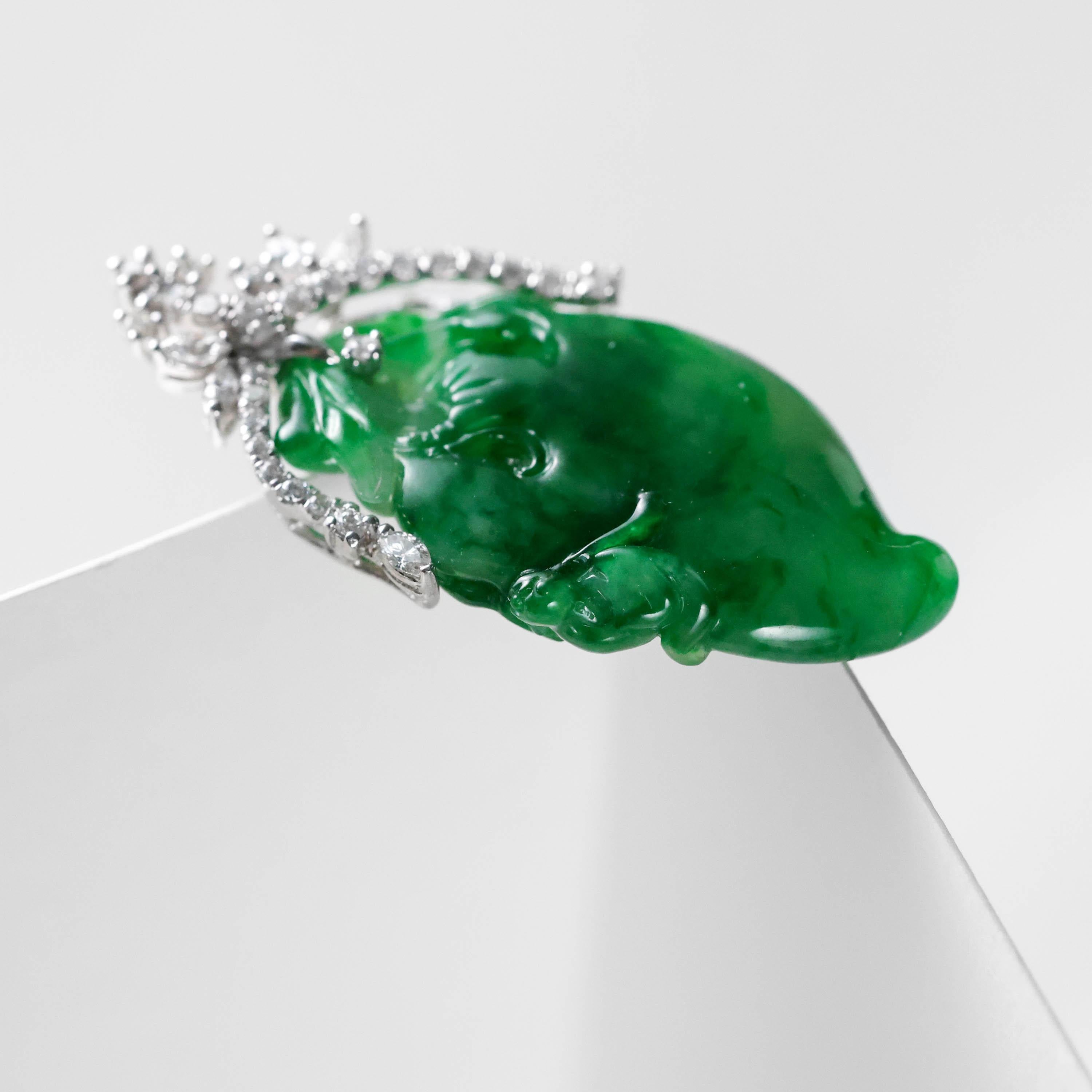 Emerald Green Jade & Diamond Pendant Certified Untreated For Sale 4