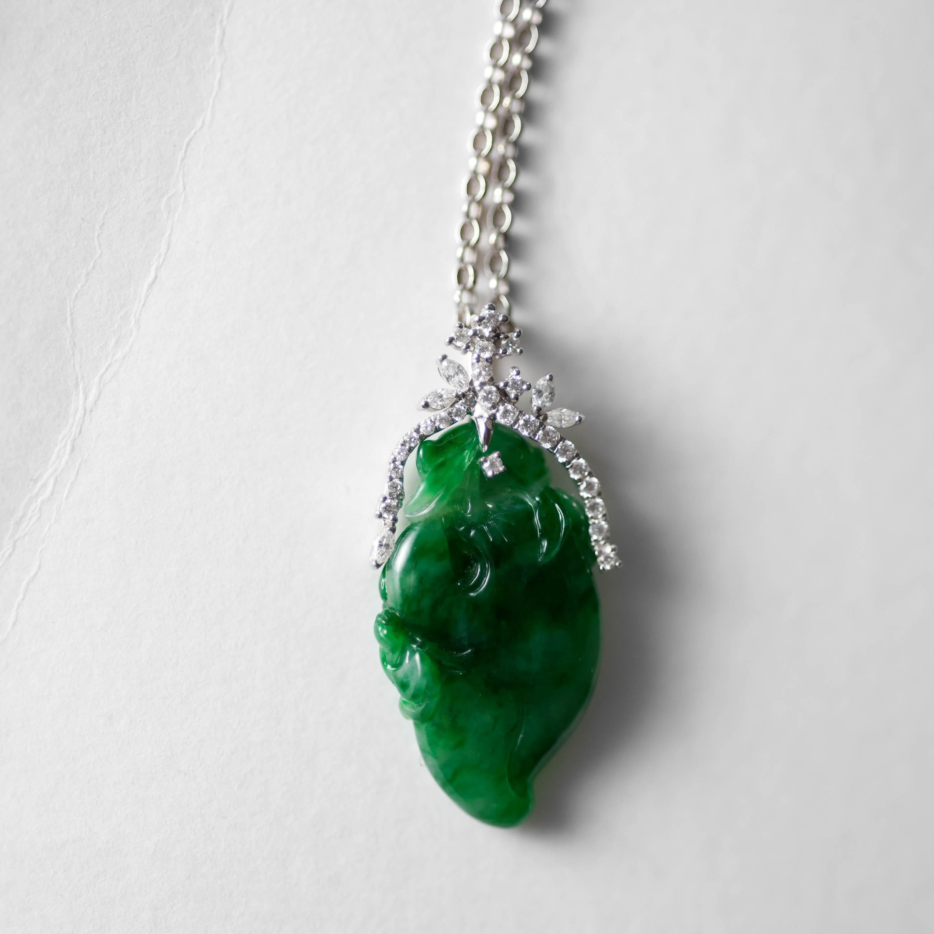 Emerald Green Jade & Diamond Pendant Certified Untreated For Sale 5