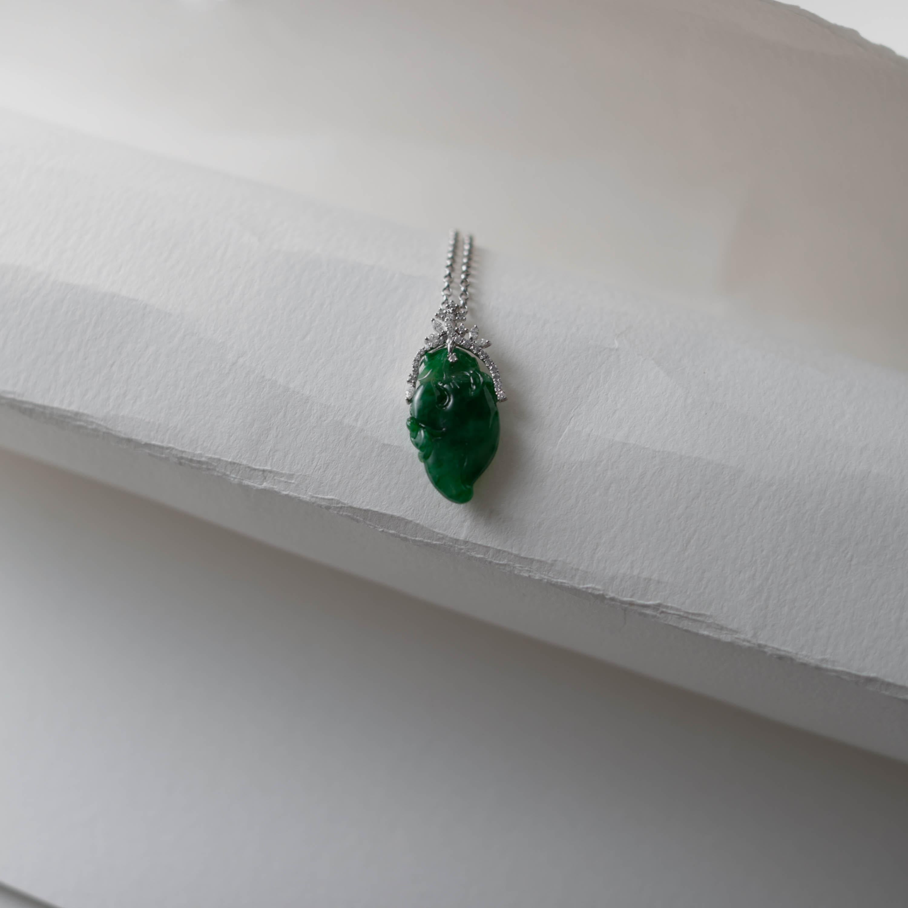 Emerald Green Jade & Diamond Pendant Certified Untreated For Sale 6