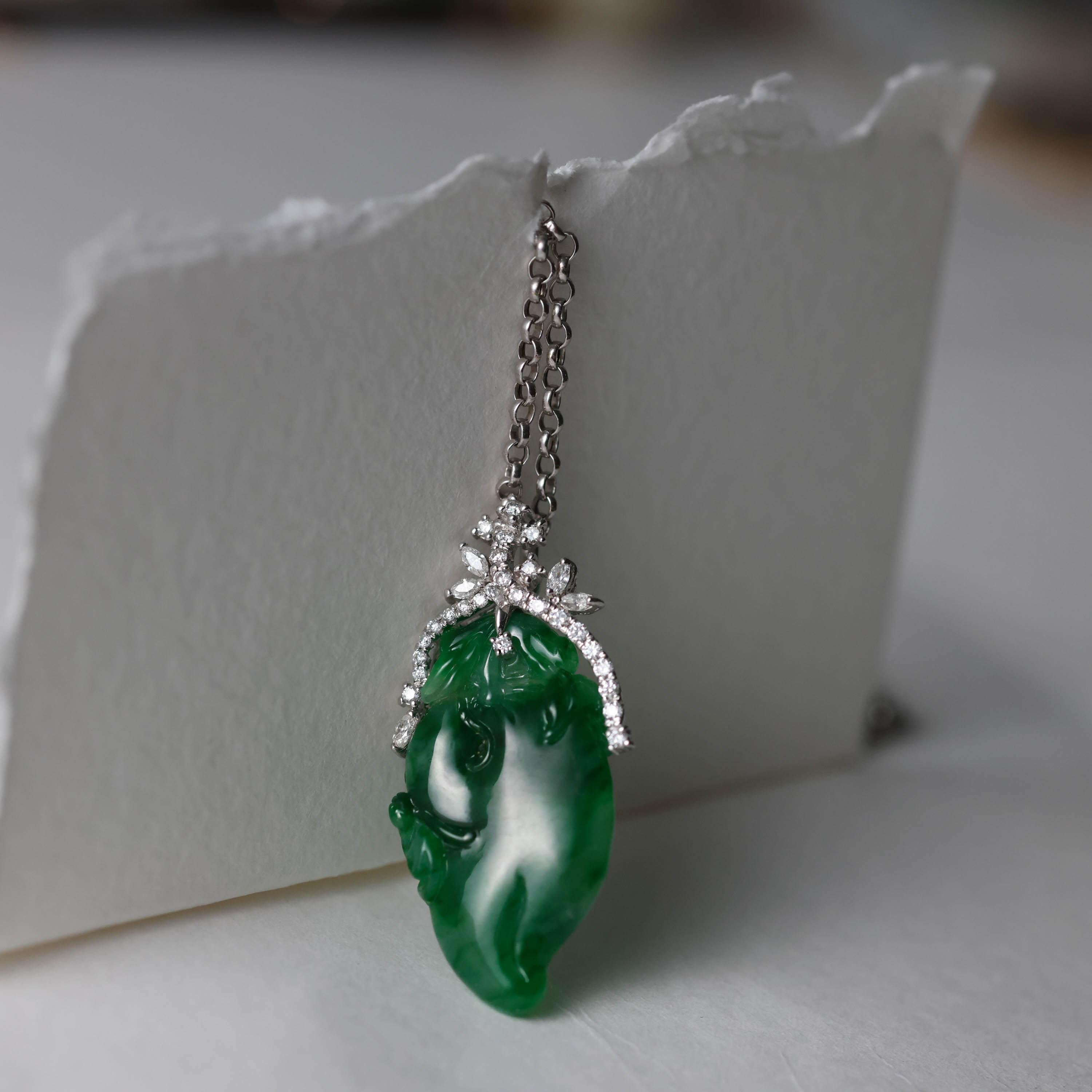 Emerald Green Jade & Diamond Pendant Certified Untreated For Sale 7