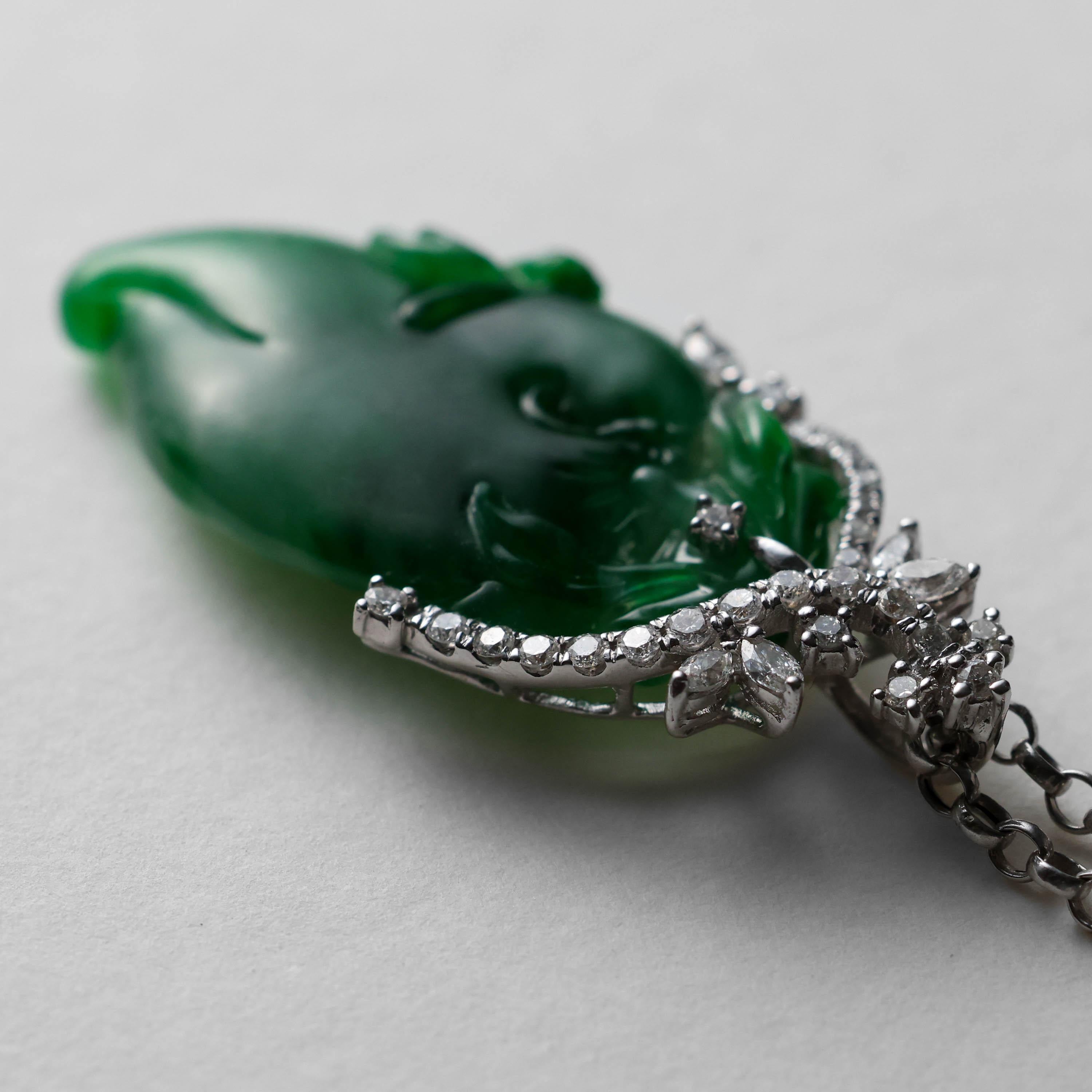 Emerald Green Jade & Diamond Pendant Certified Untreated For Sale 8