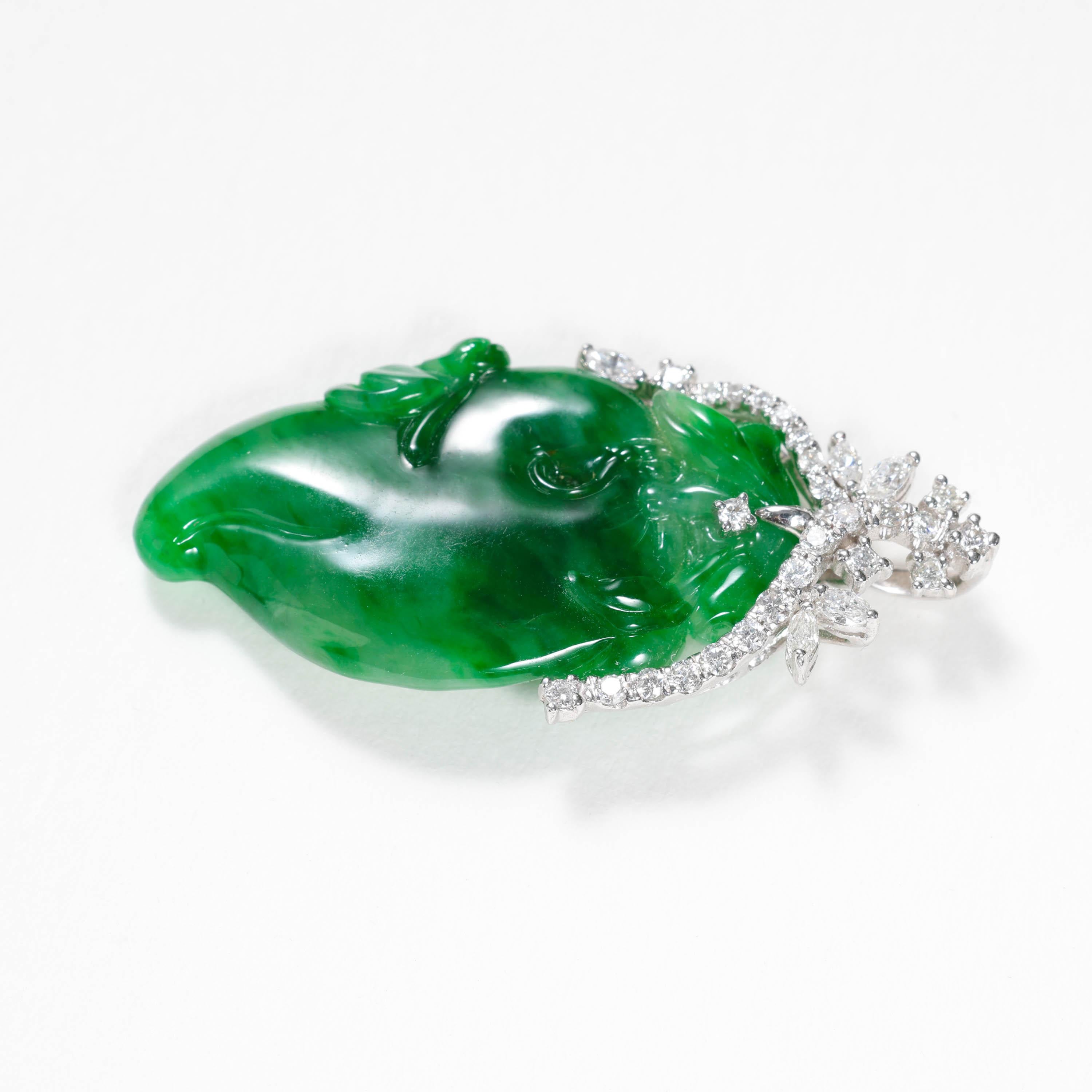 Emerald Green Jade & Diamond Pendant Certified Untreated For Sale 11
