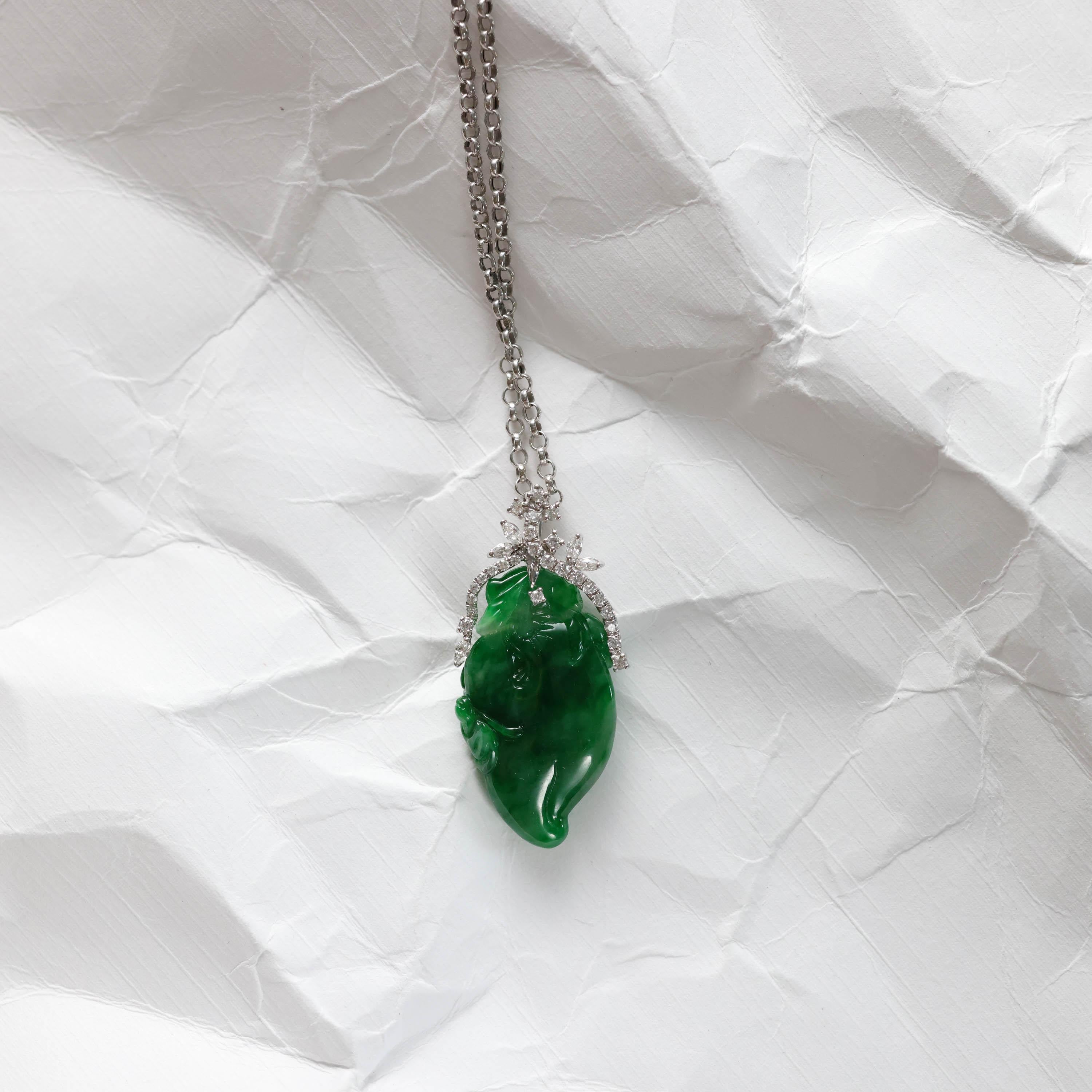 Artisan Emerald Green Jade & Diamond Pendant Certified Untreated For Sale