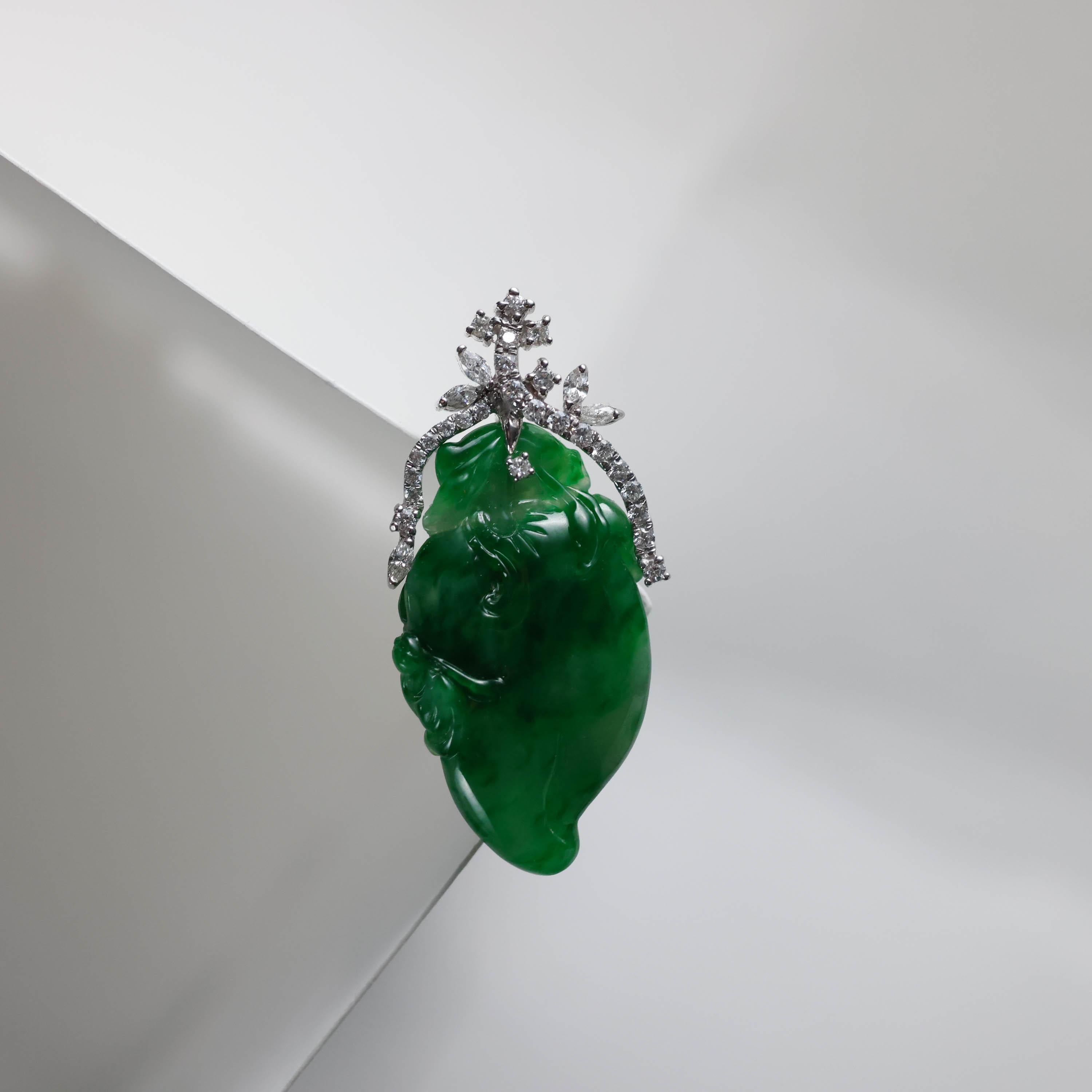 Uncut Emerald Green Jade & Diamond Pendant Certified Untreated For Sale