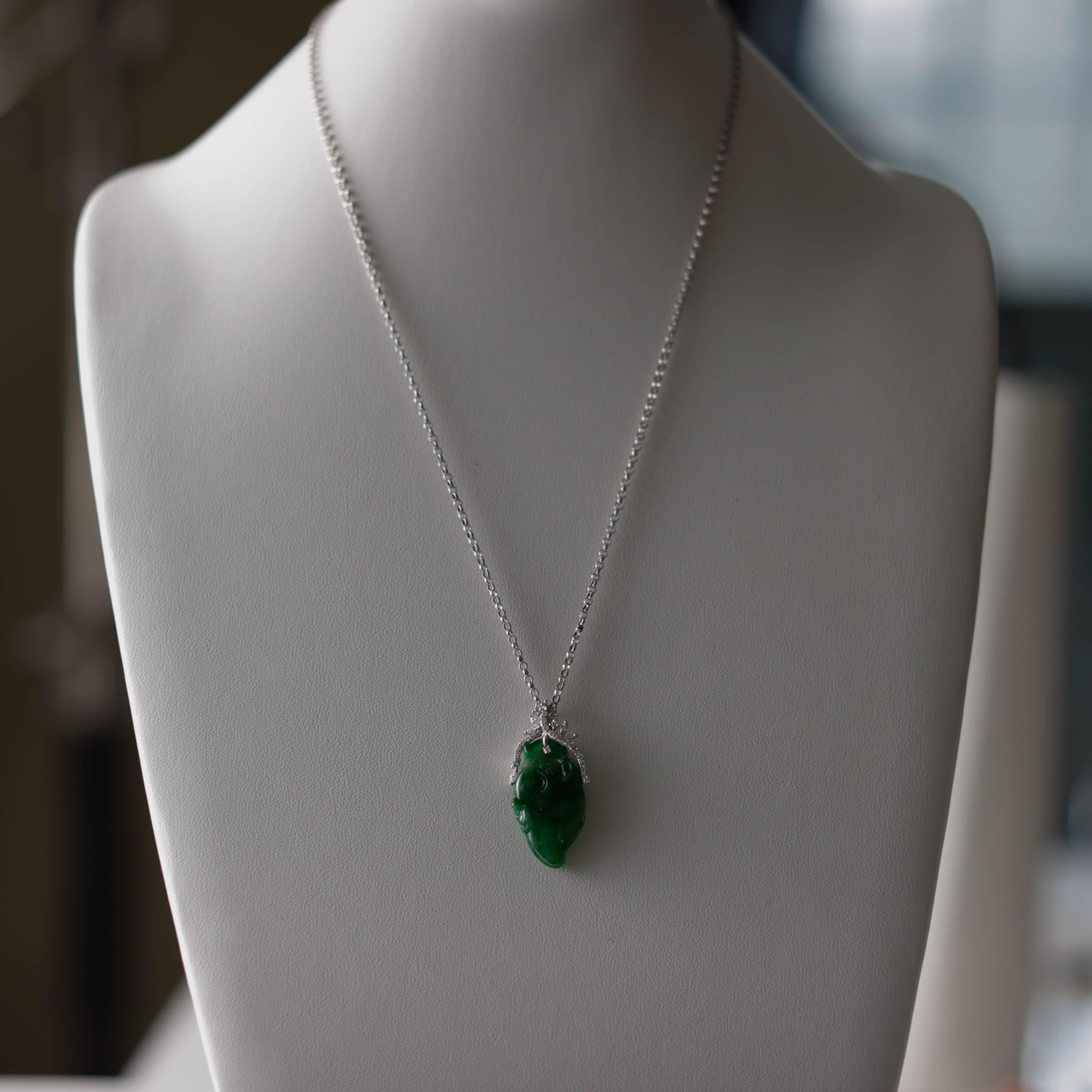 Emerald Green Jade & Diamond Pendant Certified Untreated In New Condition For Sale In Southbury, CT