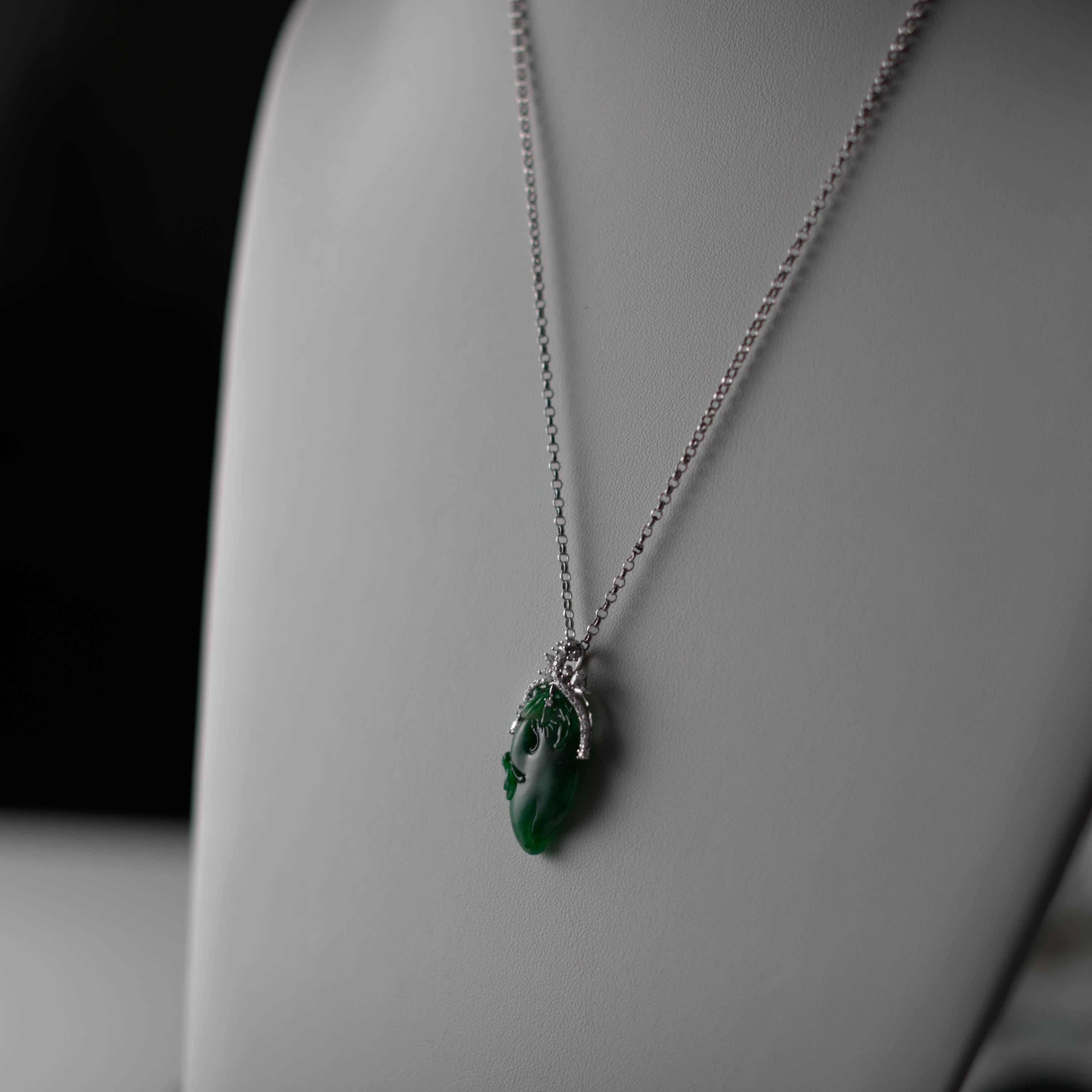 Women's or Men's Emerald Green Jade & Diamond Pendant Certified Untreated For Sale