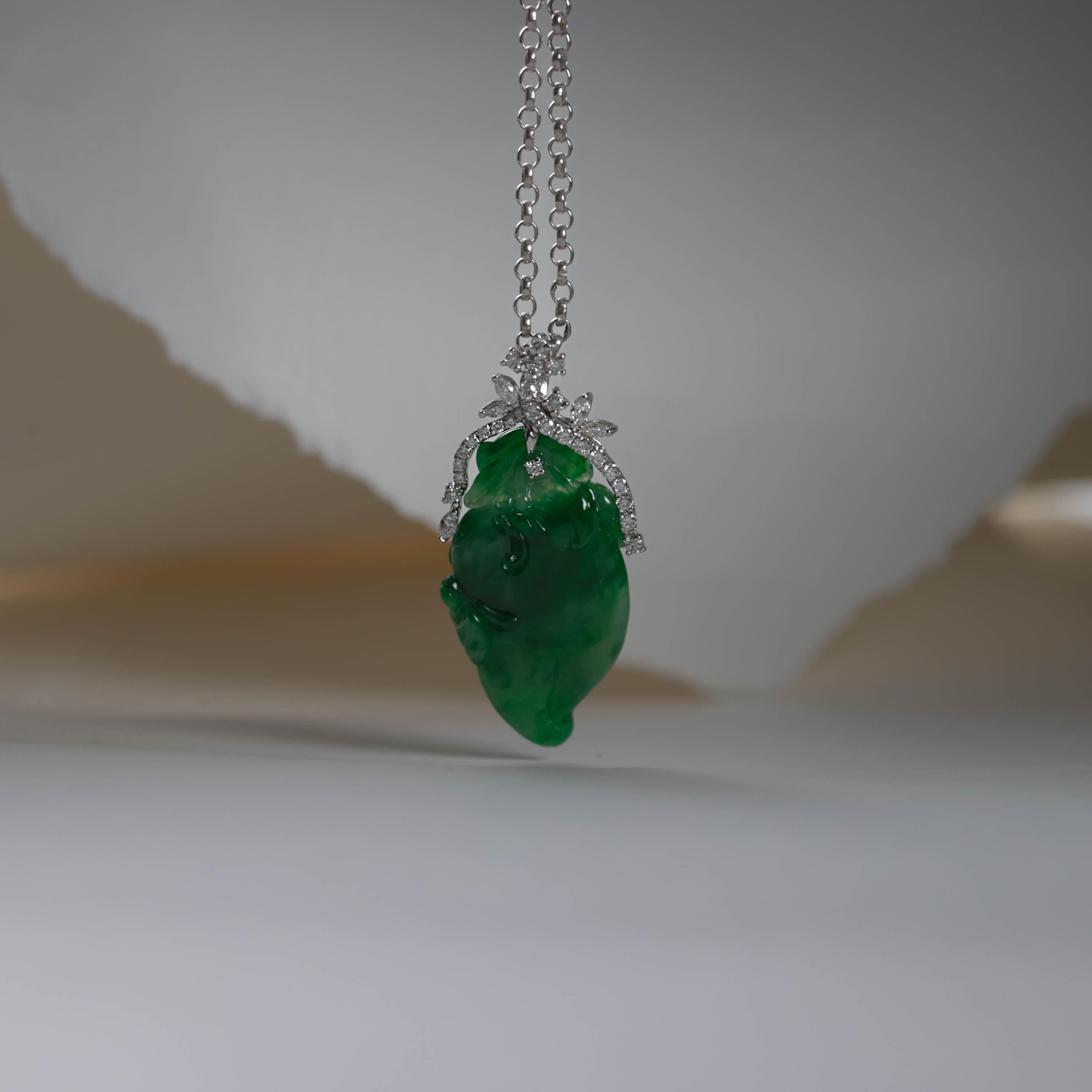 Emerald Green Jade & Diamond Pendant Certified Untreated For Sale 1