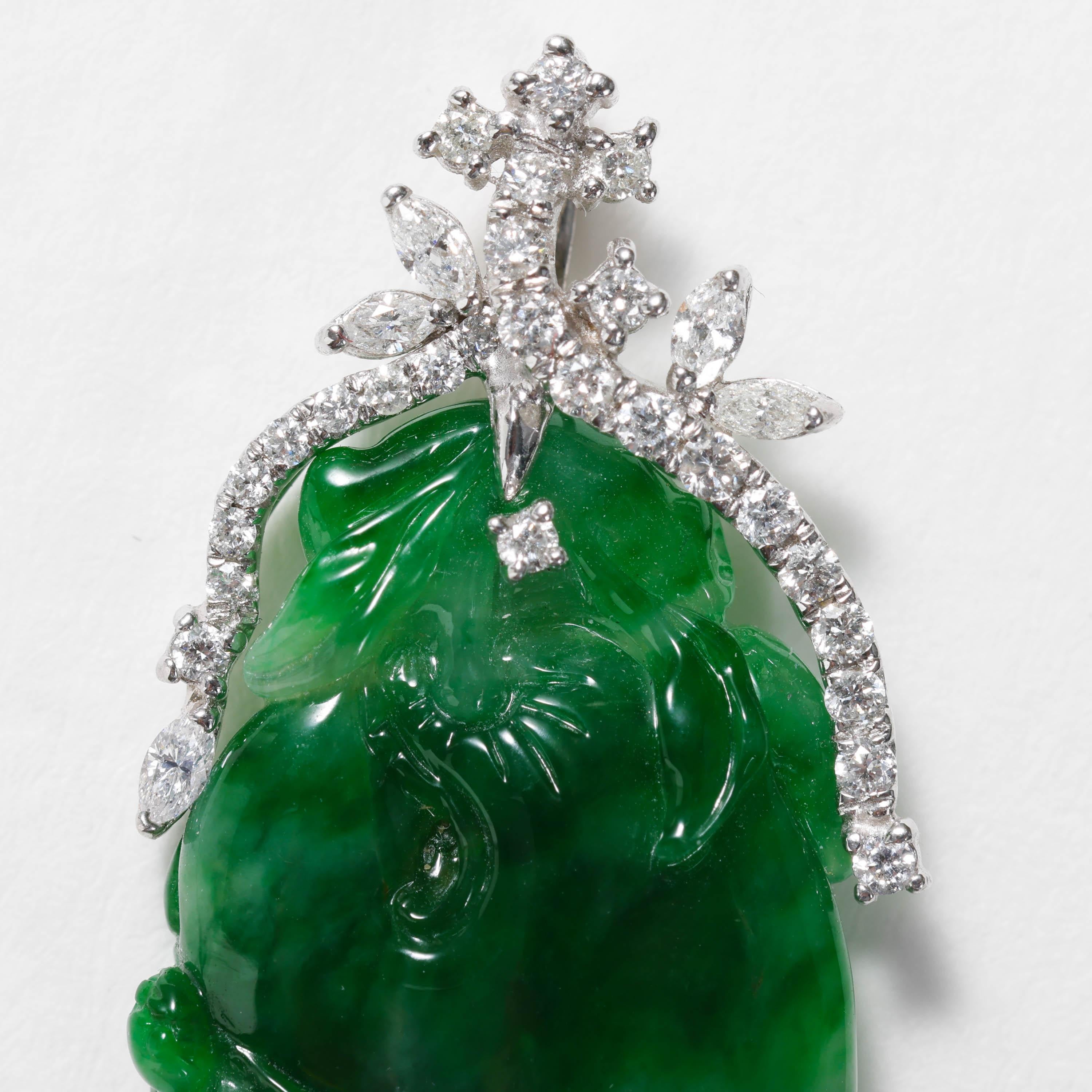 Emerald Green Jade & Diamond Pendant Certified Untreated For Sale 2