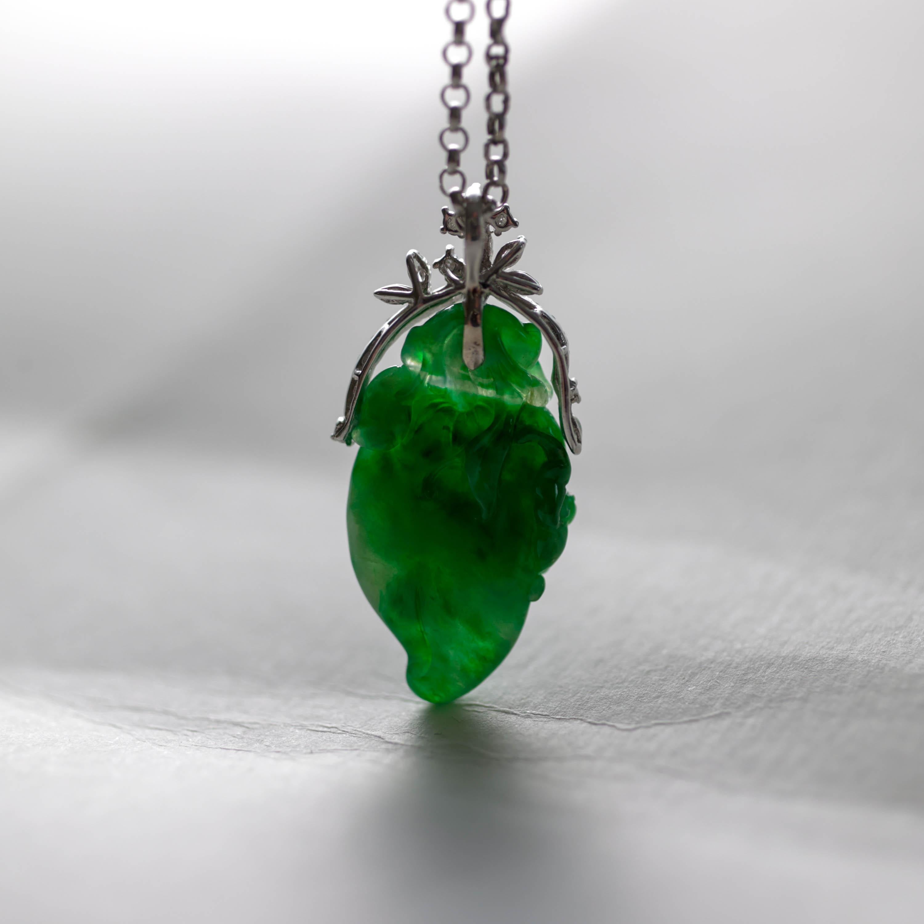 Emerald Green Jade & Diamond Pendant Certified Untreated For Sale 3