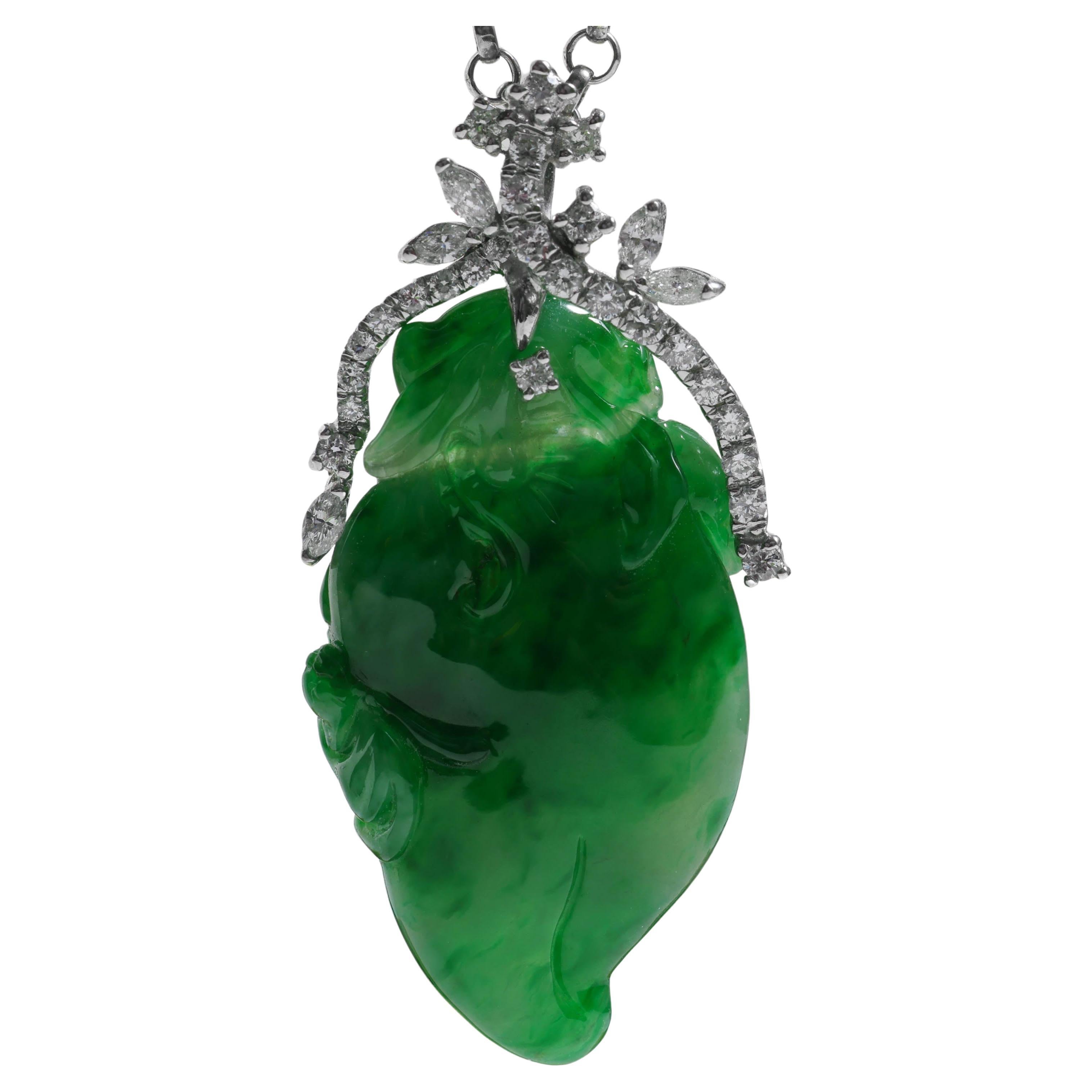 Emerald Green Jade & Diamond Pendant Certified Untreated For Sale