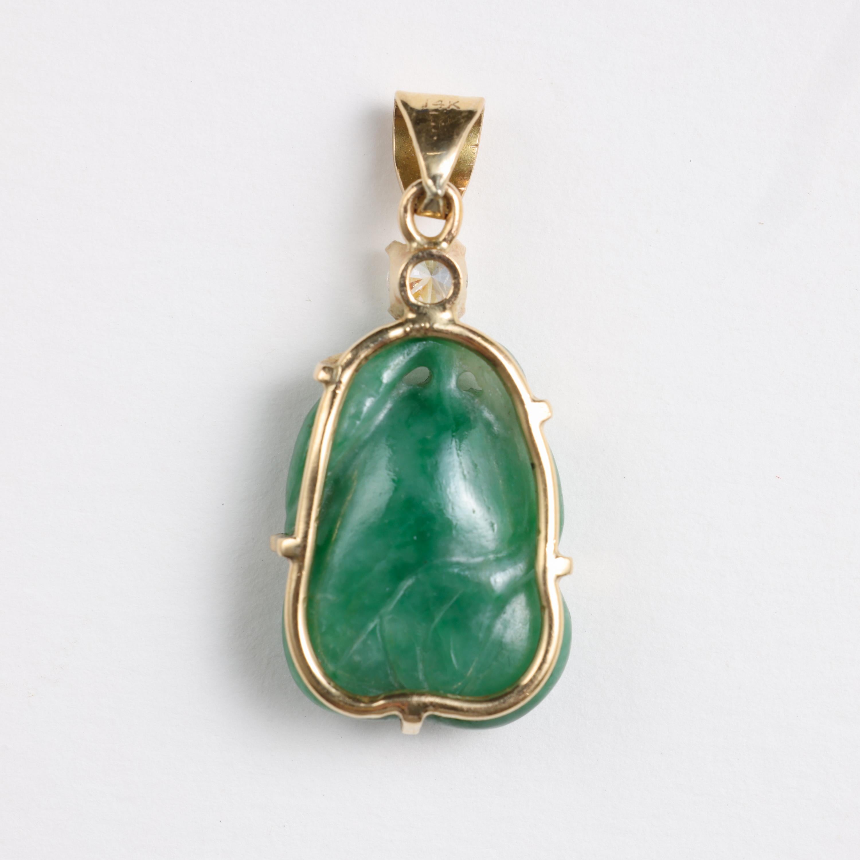 Artisan Jade & Diamond Pendant Midcentury Certified Untreated Burmese Jadeite For Sale