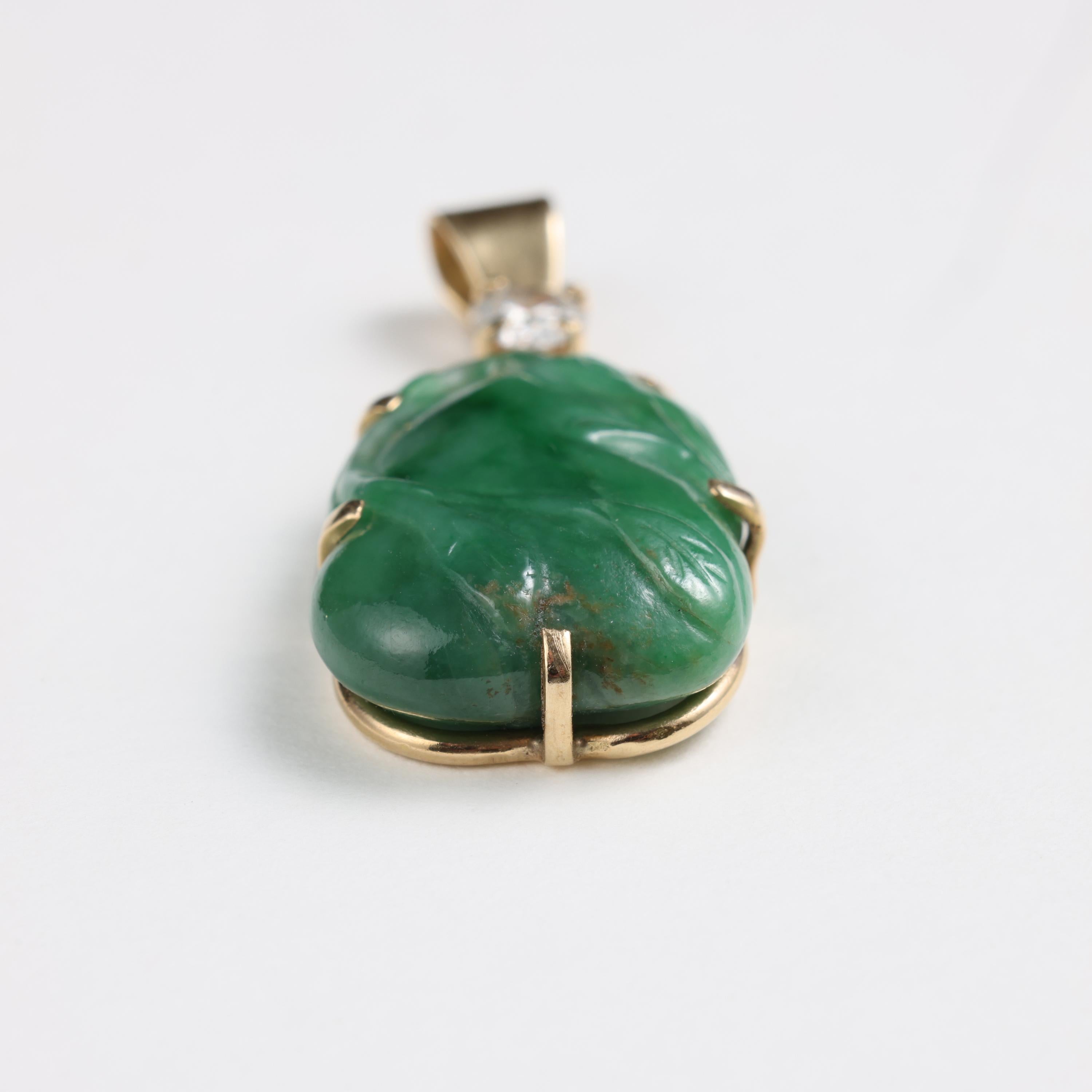Jade & Diamond Pendant Midcentury Certified Untreated Burmese Jadeite In Excellent Condition For Sale In Southbury, CT