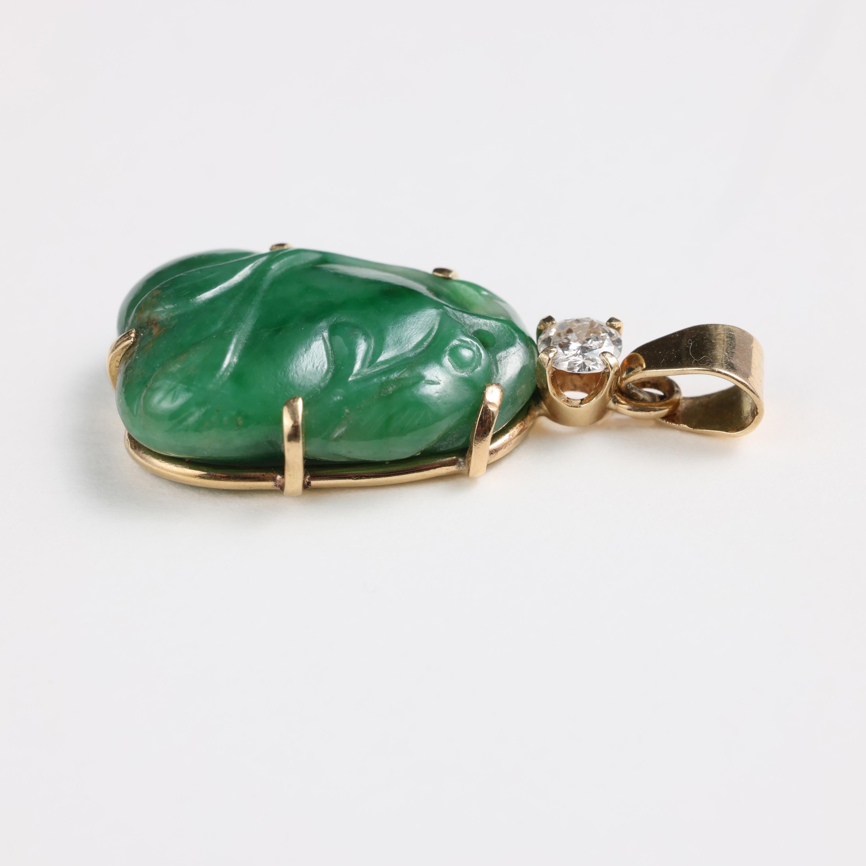 Women's or Men's Jade & Diamond Pendant Midcentury Certified Untreated Burmese Jadeite For Sale