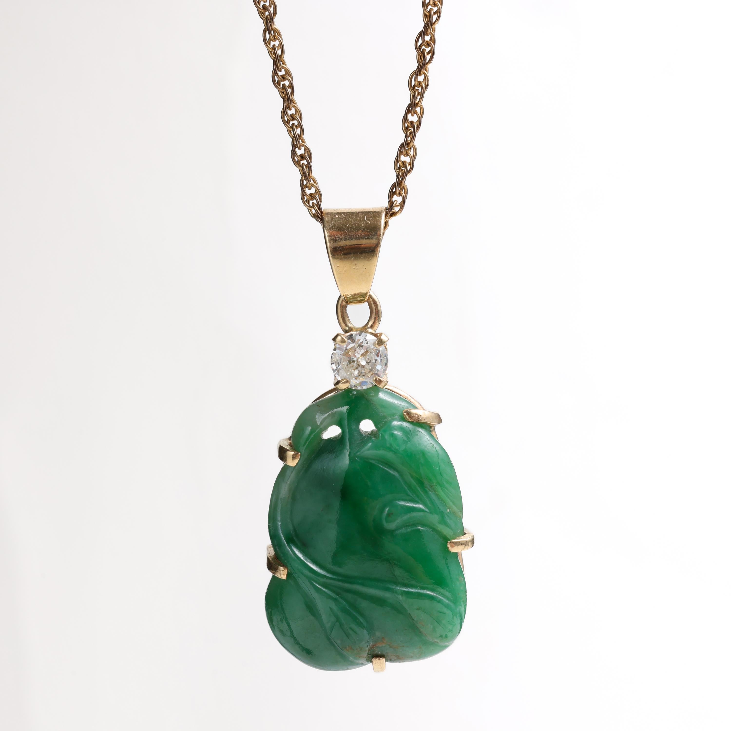 Jade & Diamond Pendant Midcentury Certified Untreated Burmese Jadeite For Sale 1