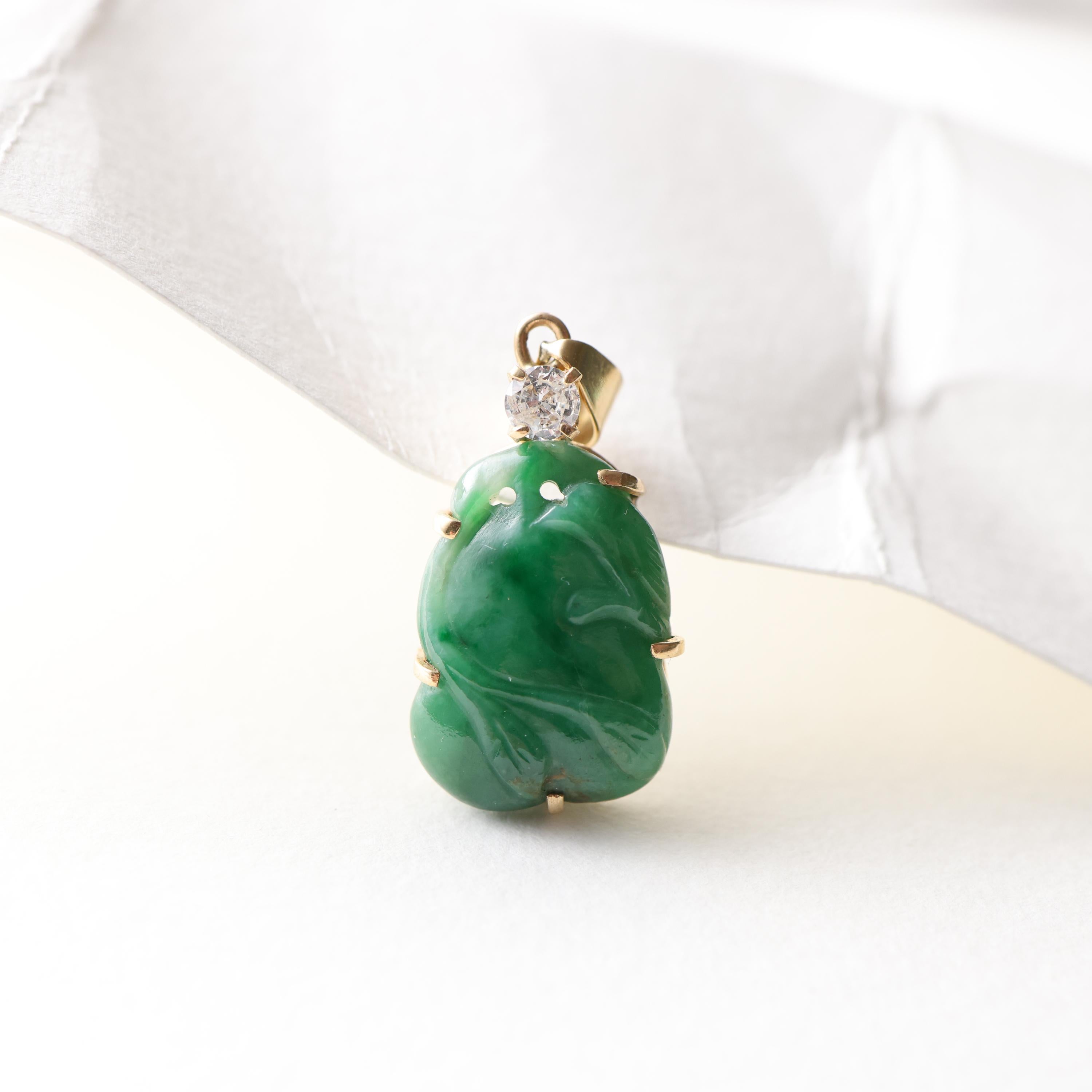 Jade & Diamond Pendant Midcentury Certified Untreated Burmese Jadeite For Sale 2