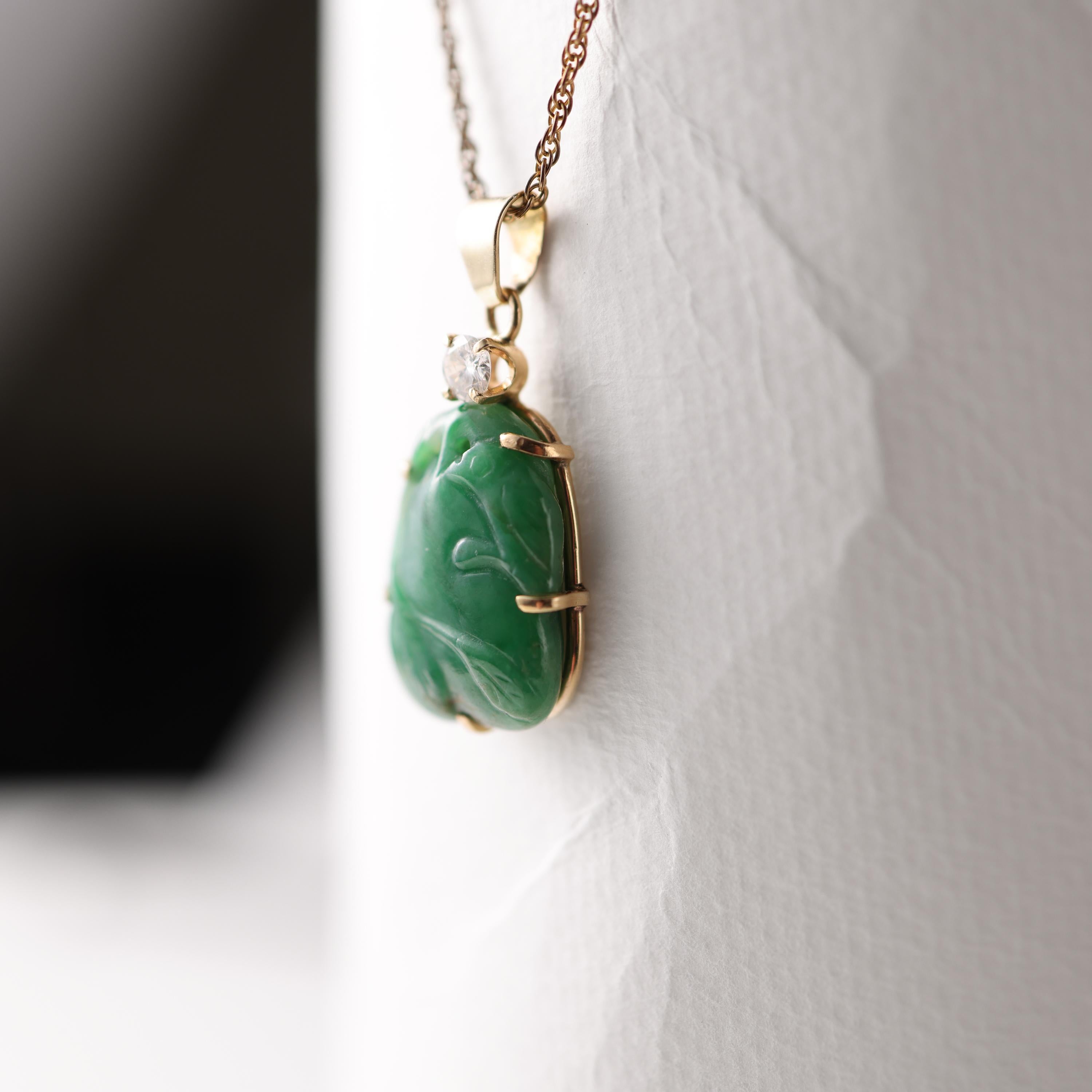Jade & Diamond Pendant Midcentury Certified Untreated Burmese Jadeite For Sale 3