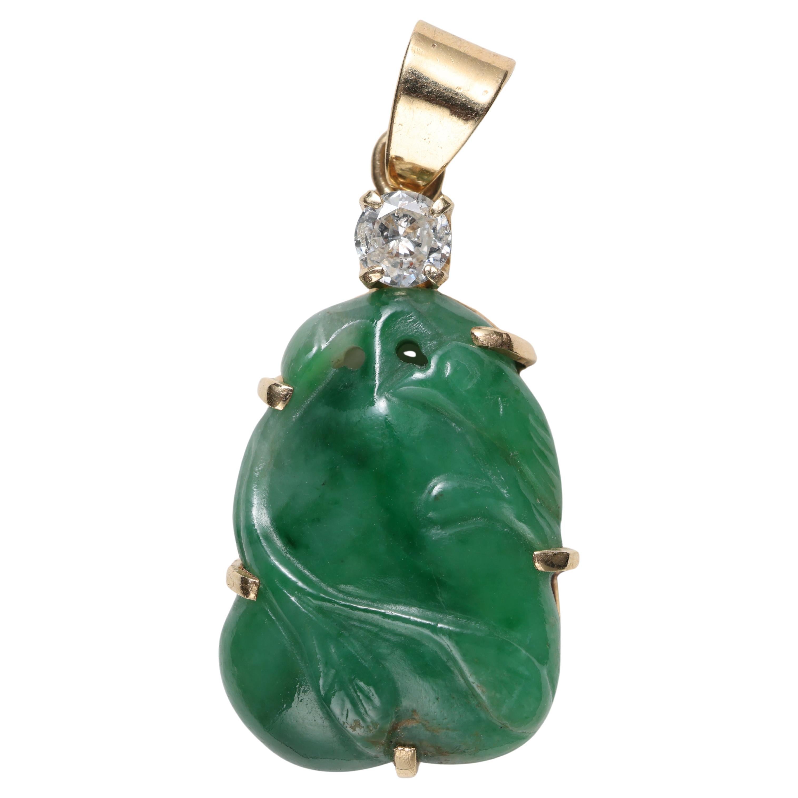 Jade & Diamond Pendant Midcentury Certified Untreated Burmese Jadeite For Sale