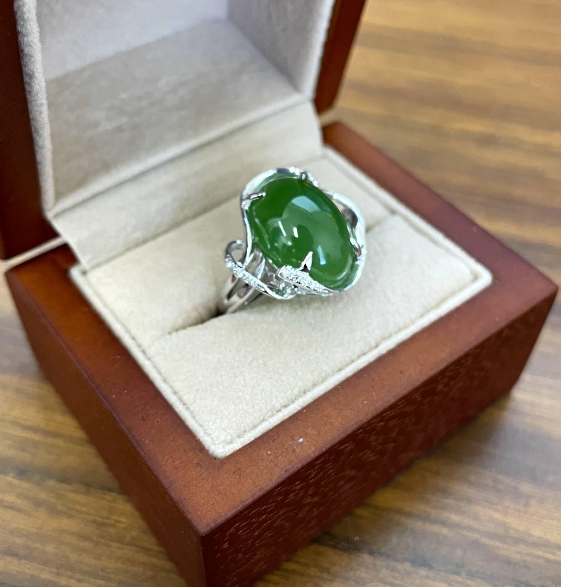 Oval Cut Jade Diamond Ring 18K White Gold  For Sale